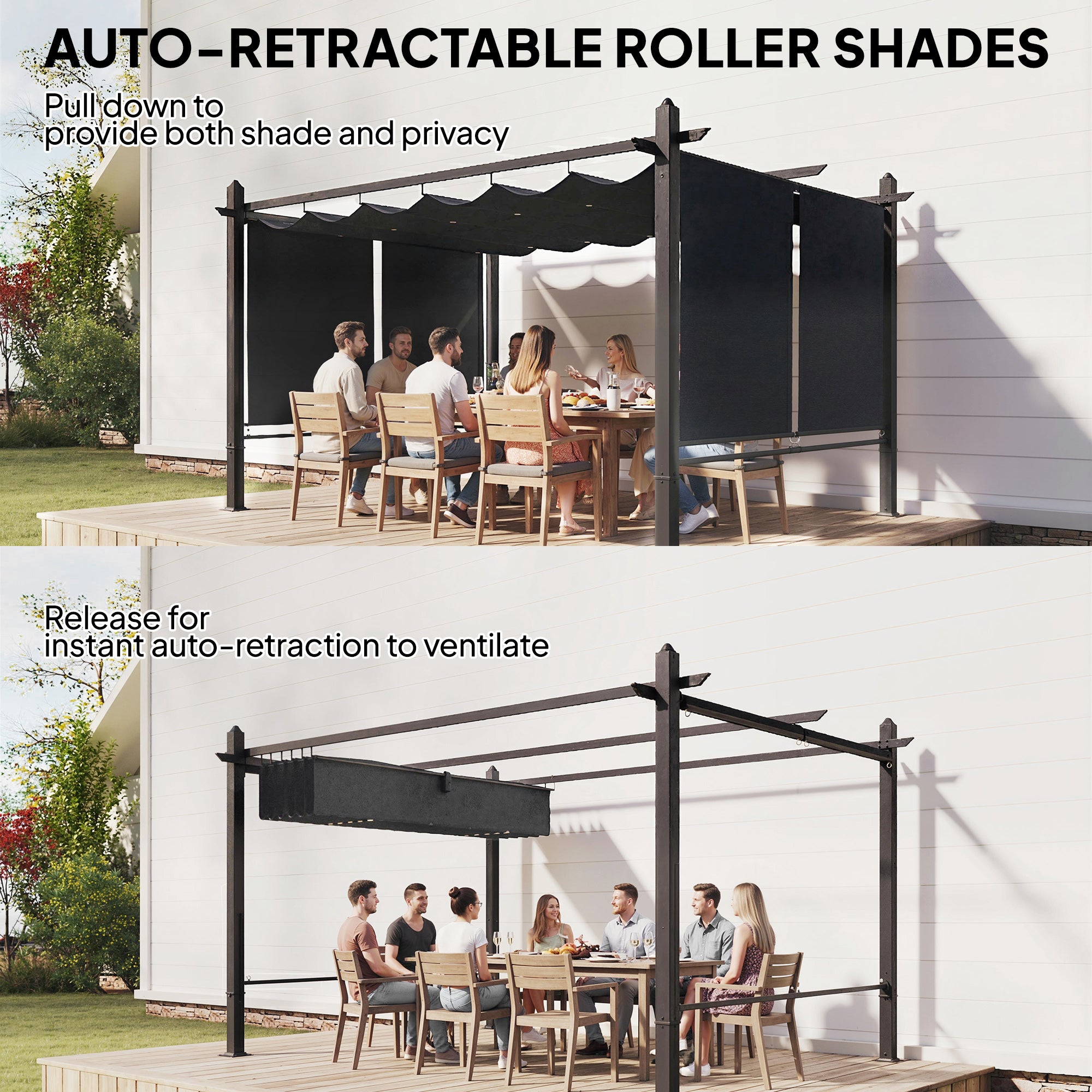13' x 10' (4 x 3 m) Retractable Garden Pergola with 4 Automatic Roll-Up Curtains, UV50+ Canopy, Aluminum Frame, Integrated Drainage — Dark Gray