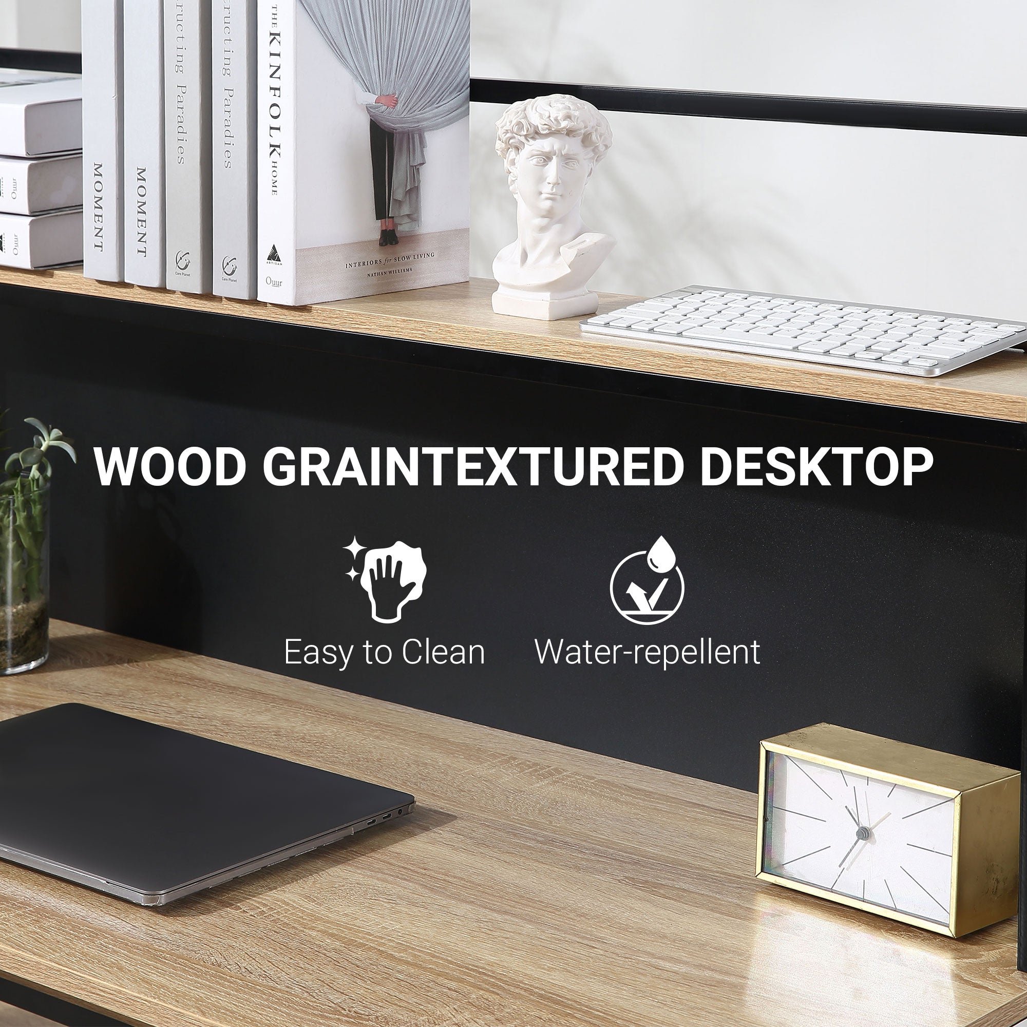 Bureau HOMCOM avec rangement, bureau informatique à 4 étagères, grand plateau, et panneau noir pour salon ou chambre 120L x 53l x 126H cm, chêne et noir