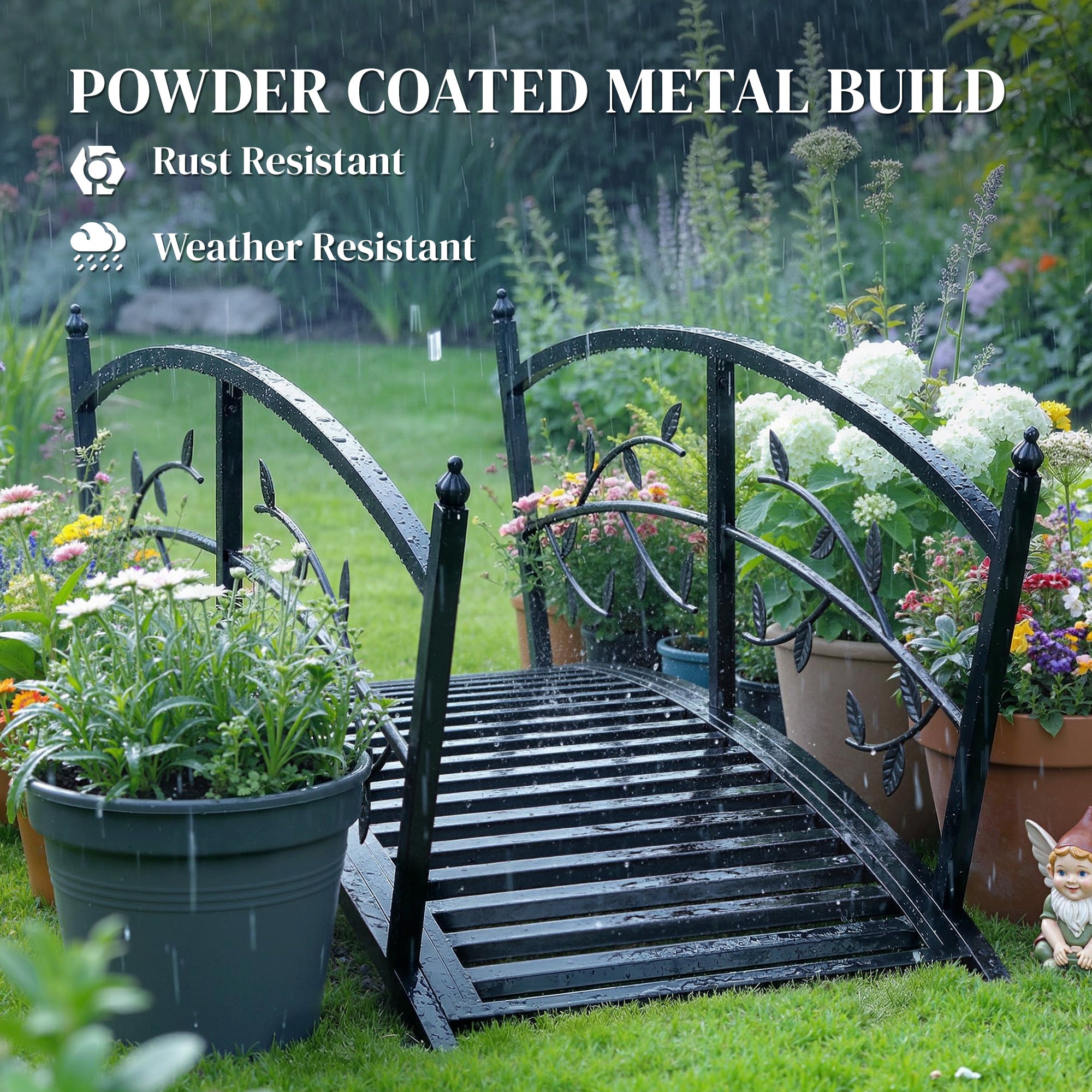 Metal garden bridge with powder-coated finish in a garden setting