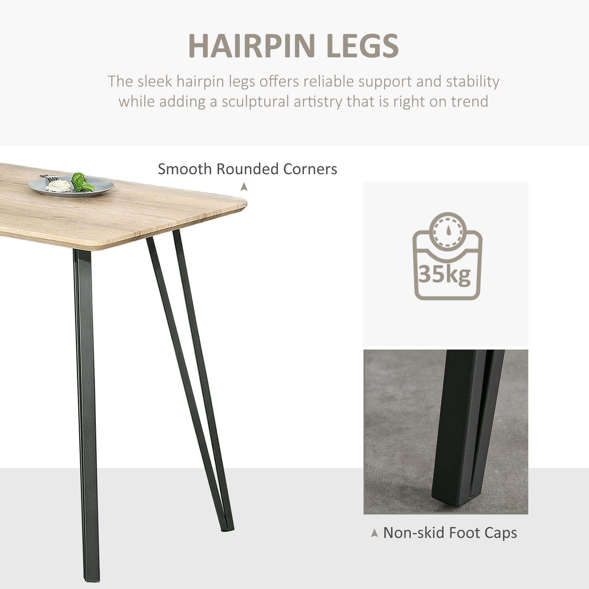 Table à Manger au Design Industriel HOMCOM Grand Plateau Biseauté 120L x 60l x 75H cm Pieds en Métal Noir Style Cheville Finition Chêne Clair en MDF