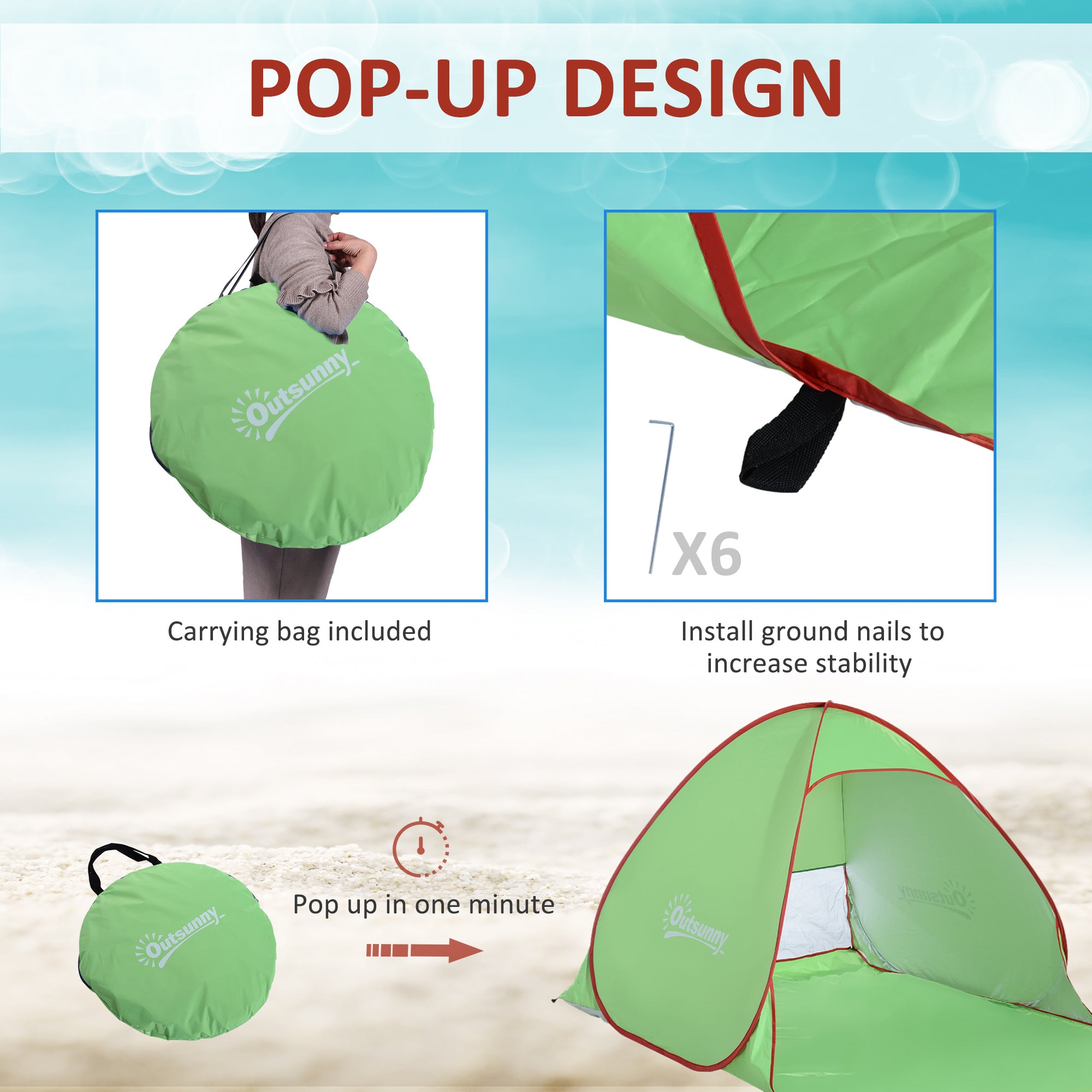 Outsunny Zeleno-Červený Pop-up Automatický Plážový Stan s UV Ochrannou a Zadným Okienkom s Veľkou Podložkou