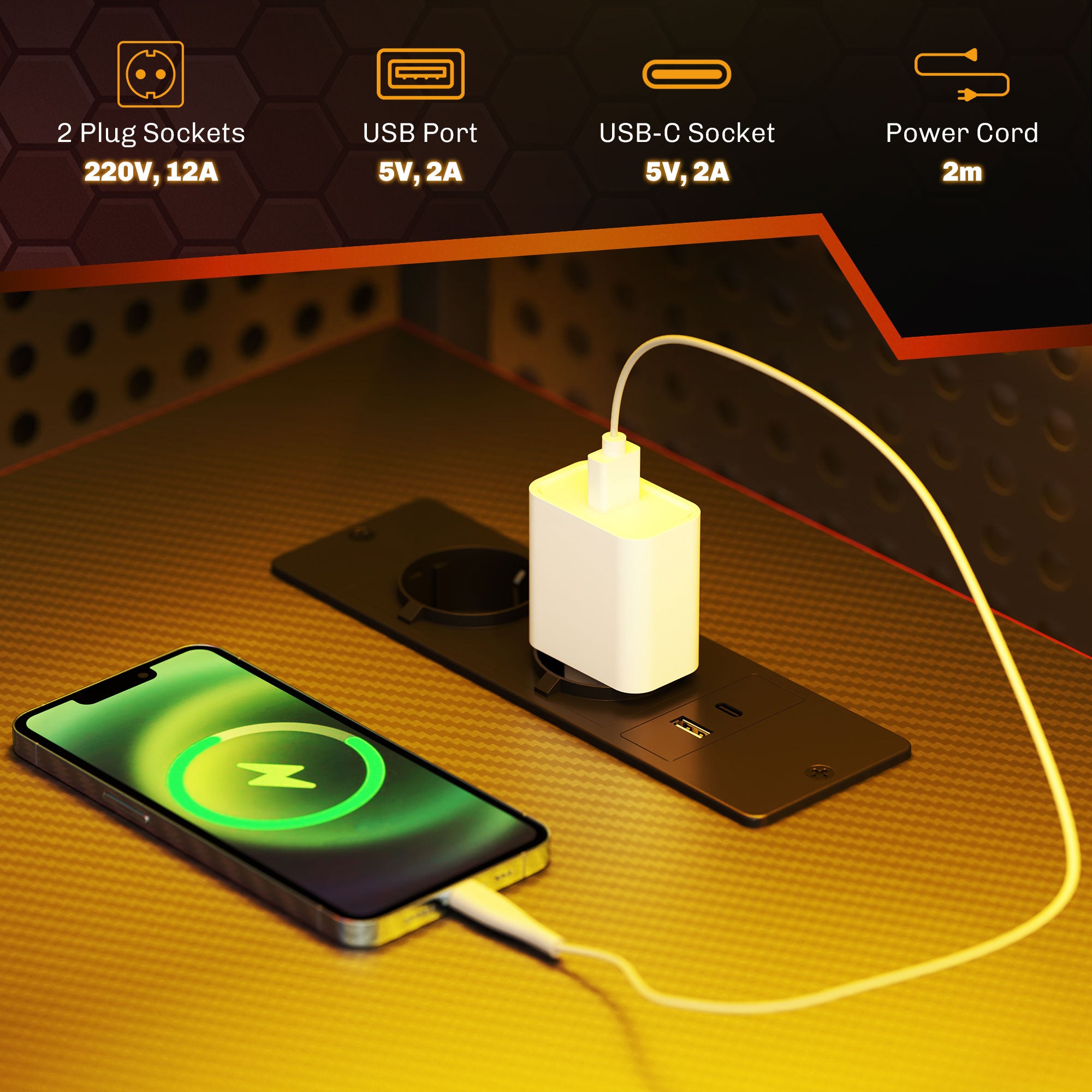 Bureau de Gaming HOMCOM avec Éclairage LED 110x50 cm Bureau de Gaming en Fibre de Carbone avec Prises Électriques, Étagères et Télécommande pour Bureau ou Étude Noir