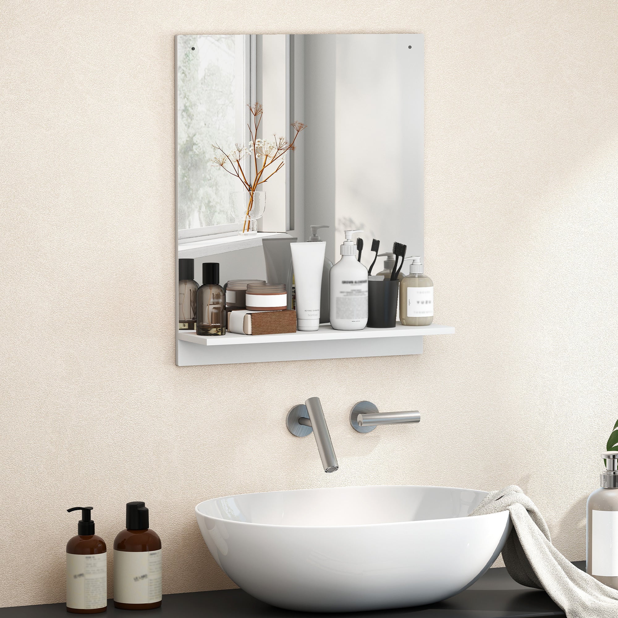 HOMCOM Wandspigel mat Ablage, 50 x 60 cm — Modernen Buedzëmmer- & Entréespigel, Wäiss