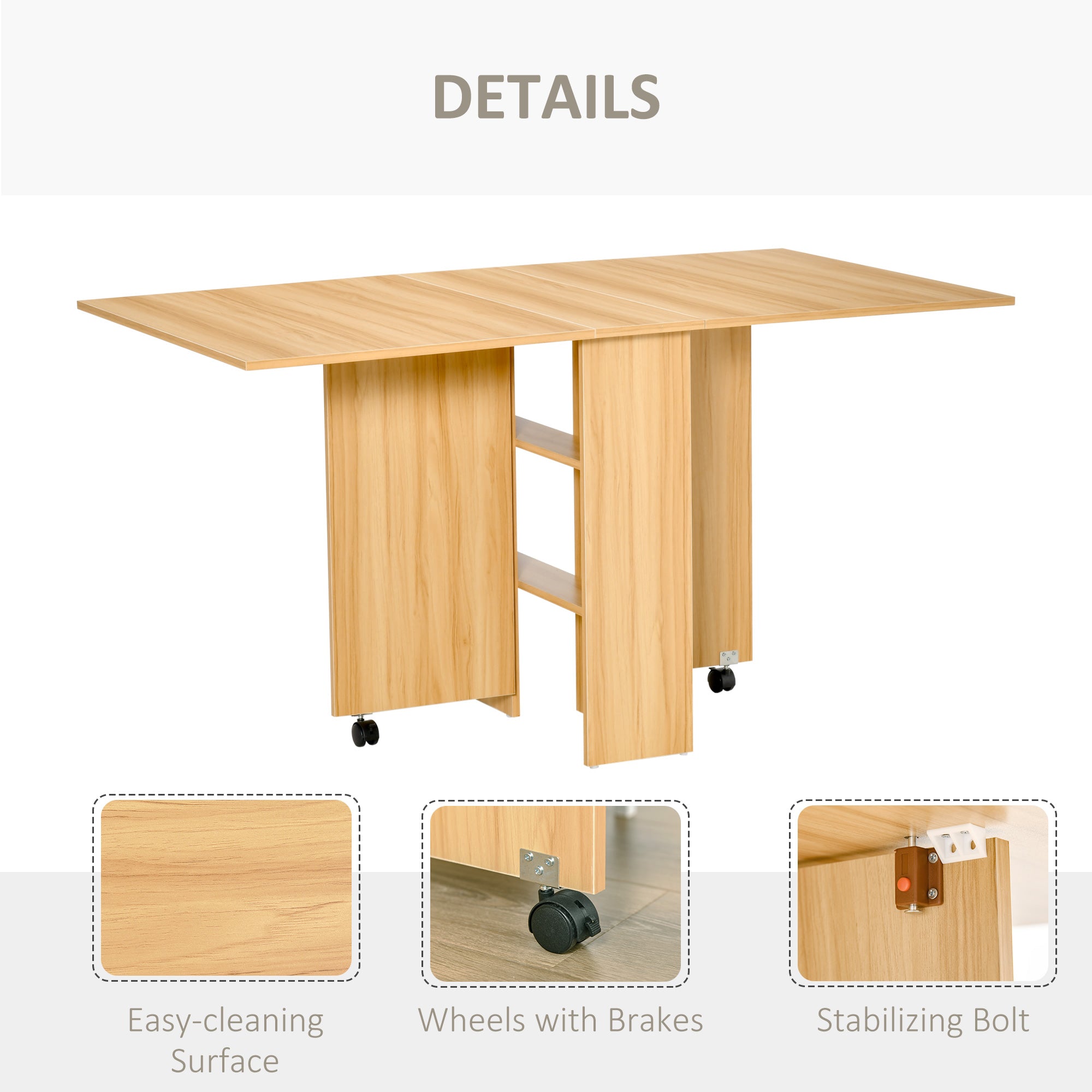 Folding Dining Table Kitchen Table with Wheels Foldable Wings Shelves for 4-6 People 80x140x74cm Natural Wood