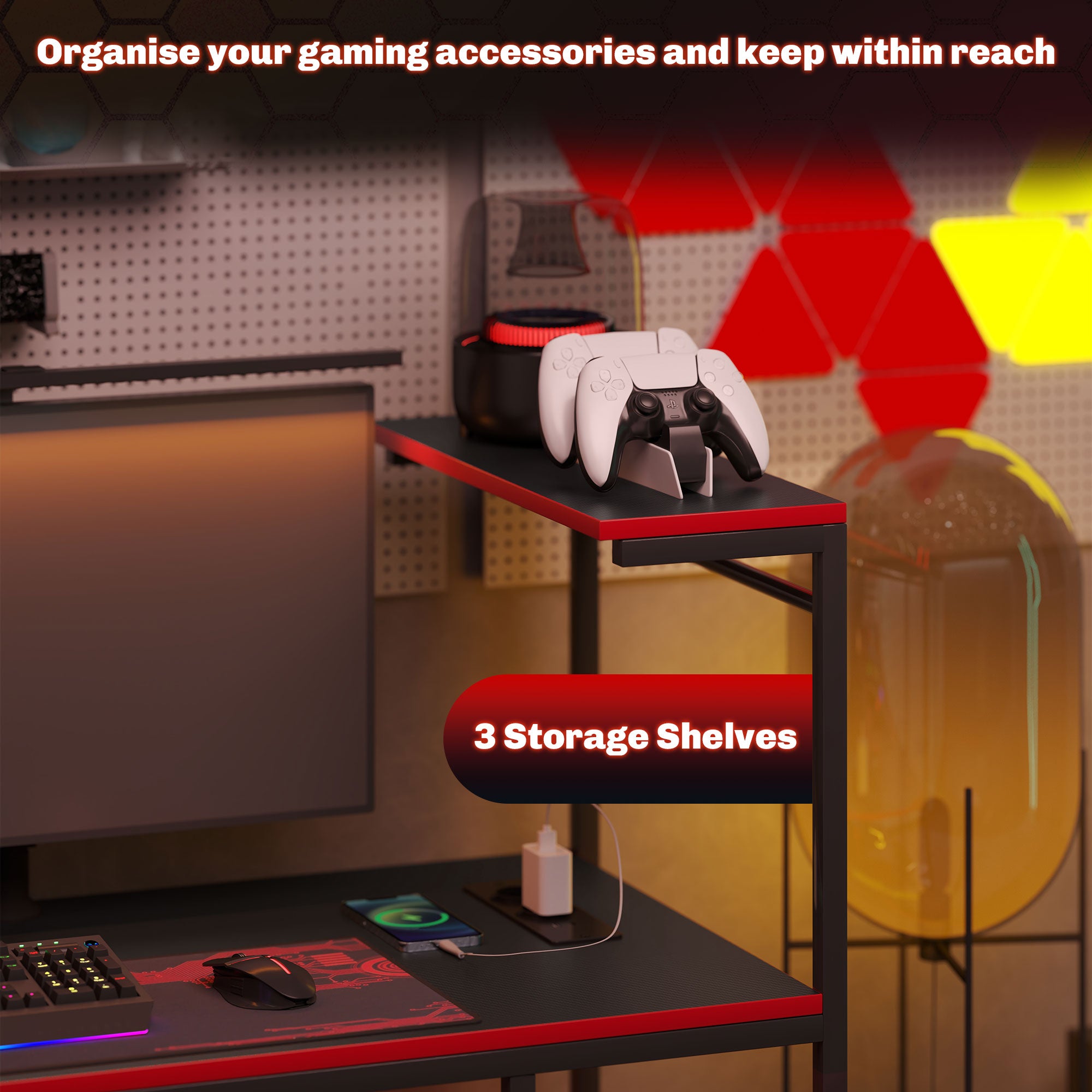 Bureau de Gaming HOMCOM avec Éclairage LED 110x50 cm Bureau de Gaming en Fibre de Carbone avec Prises Électriques, Étagères et Télécommande pour Bureau ou Étude Noir