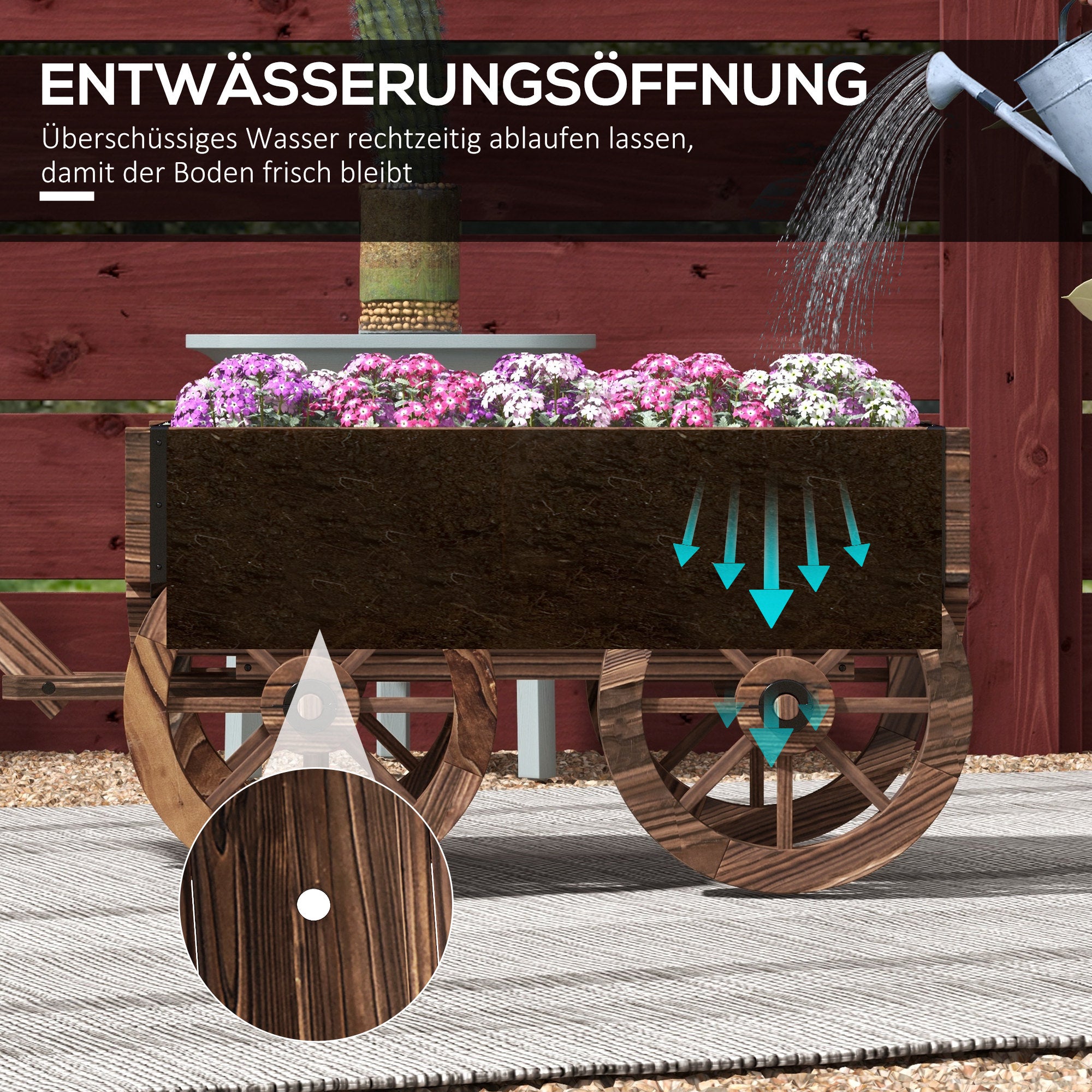 Flower Box in Wagon Design, Plant Wagon with Handle, Plant Box, Flower Stand for Garden, Patio, Supports up to 30 kg, Charcoal, 120 x 41 x 54 cm