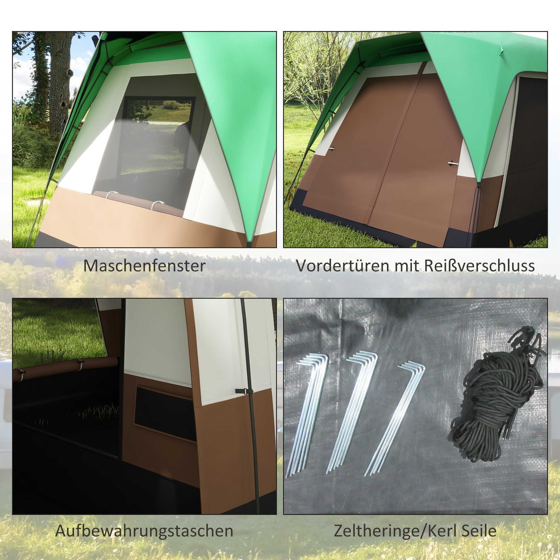 Tunnel Tent, Camping Tent for 8 Persons, with Light Hook, Mesh Windows, Family Tent with Carrying Bag, 3000mm Water-Repellent Group Tent, for Garden, Camping, Green