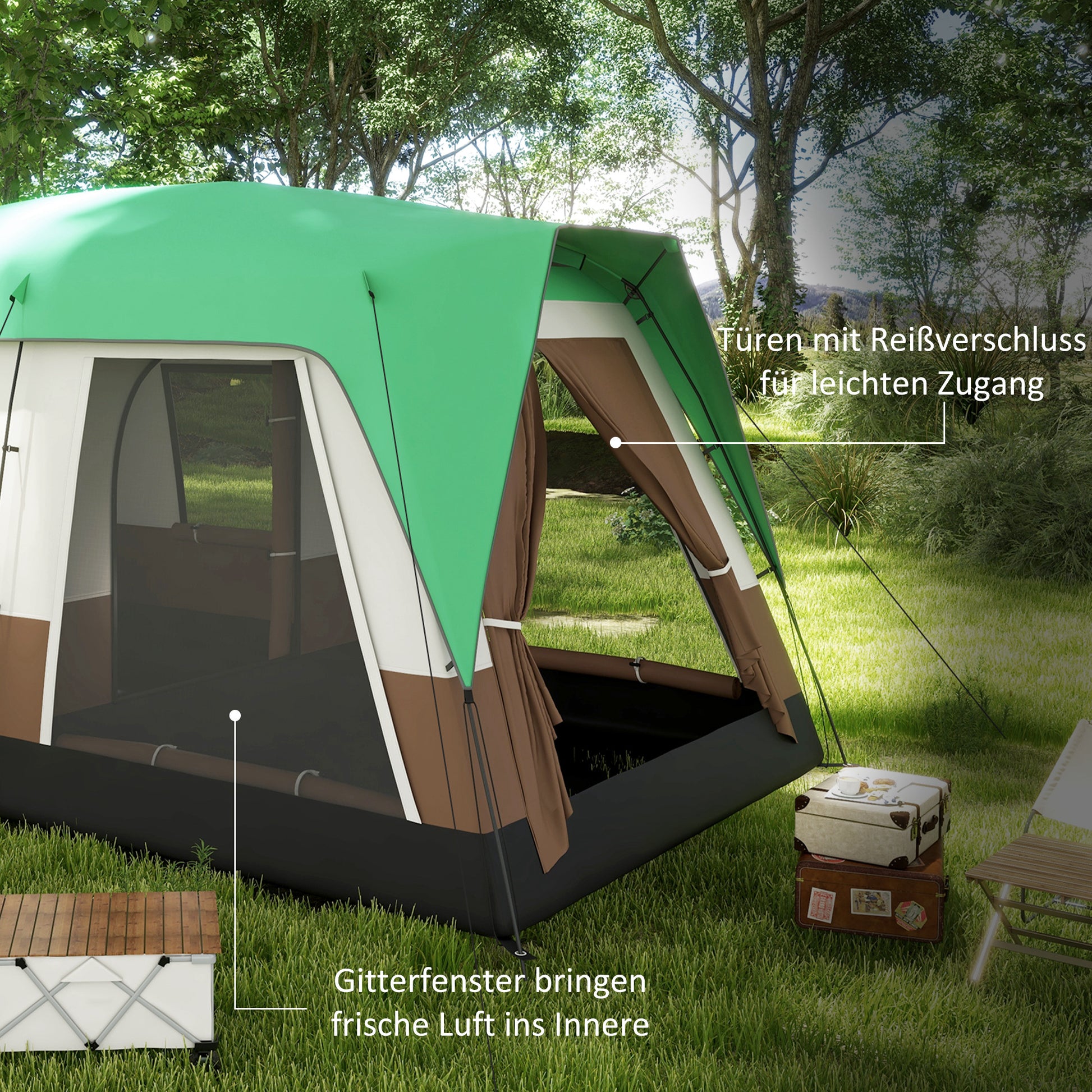 Tunnel Tent, Camping Tent for 8 Persons, with Light Hook, Mesh Windows, Family Tent with Carrying Bag, 3000mm Water-Repellent Group Tent, for Garden, Camping, Green