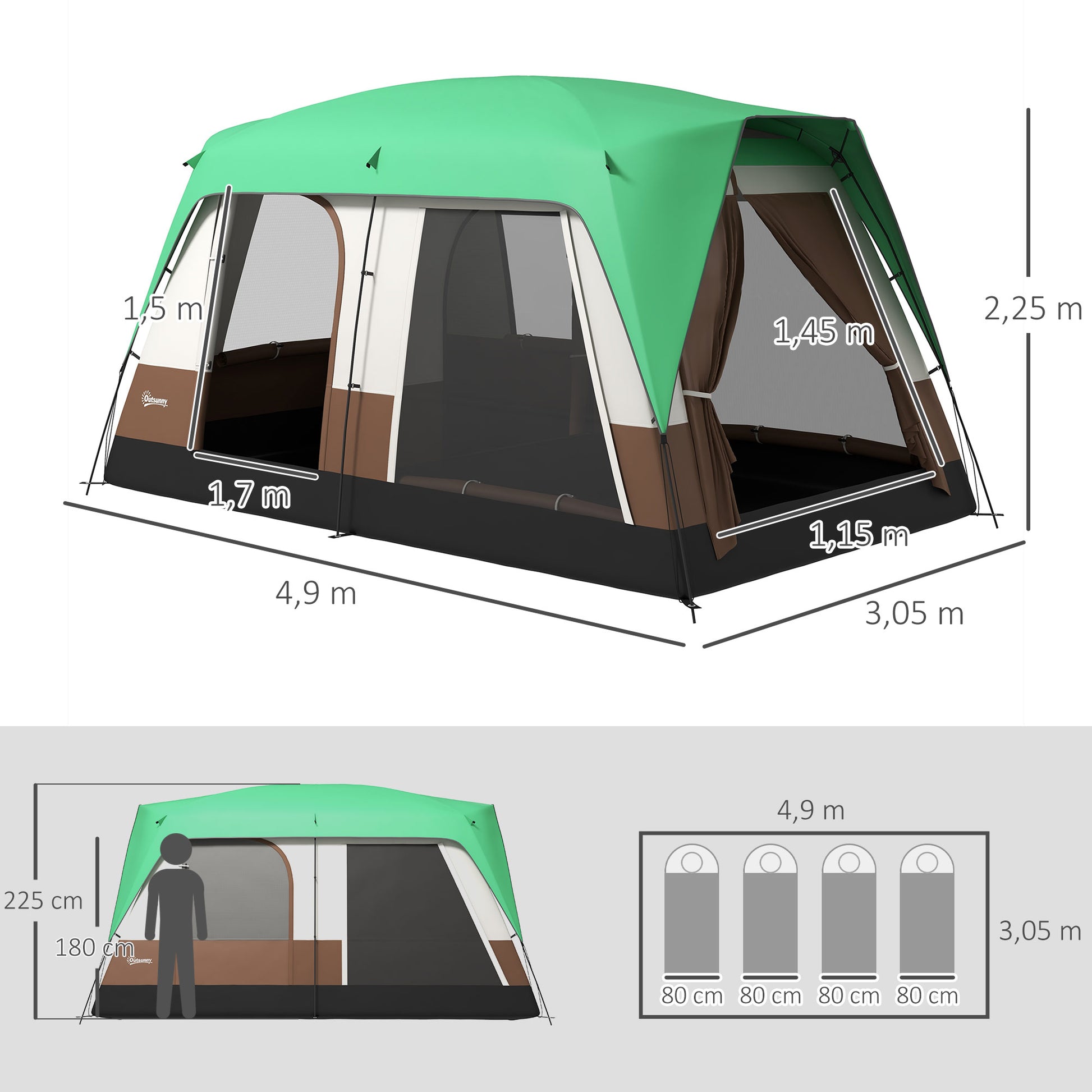 Tunnel Tent, Camping Tent for 8 Persons, with Light Hook, Mesh Windows, Family Tent with Carrying Bag, 3000mm Water-Repellent Group Tent, for Garden, Camping, Green
