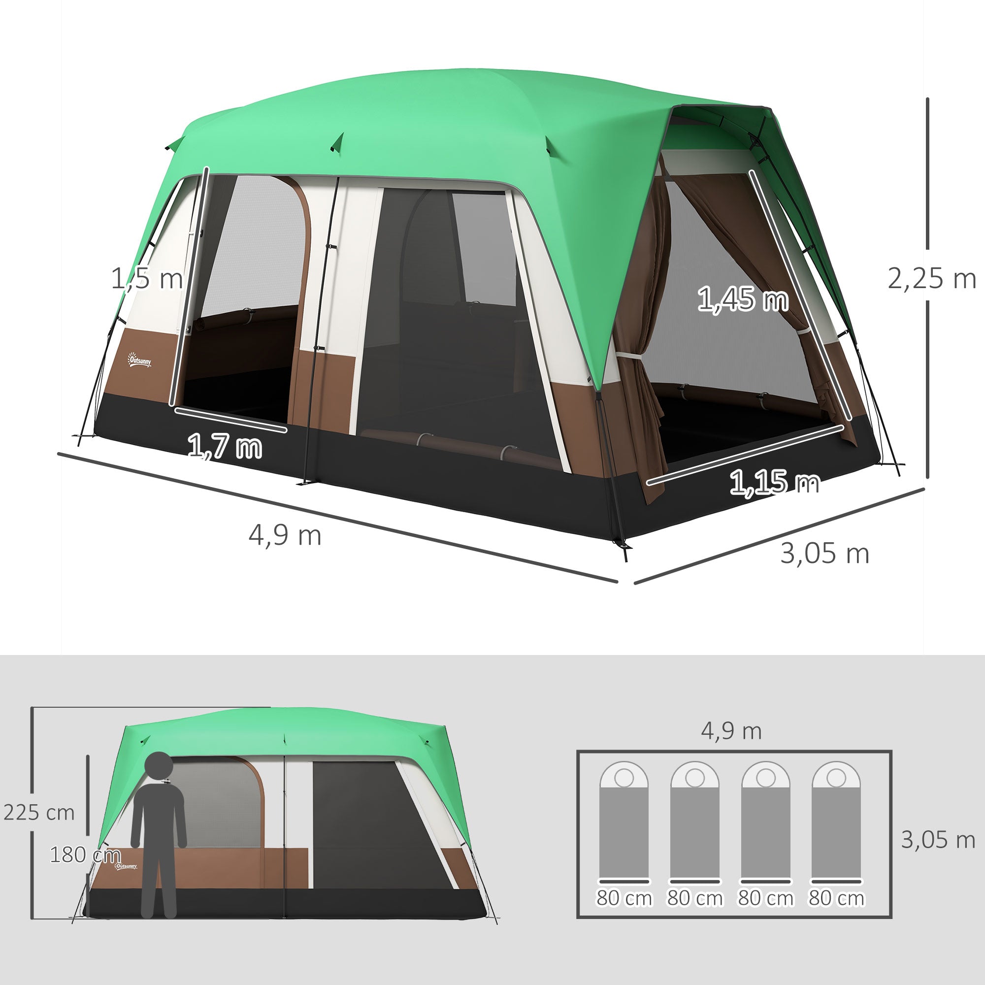Tunnel Tent, Camping Tent for 8 Persons, with Light Hook, Mesh Windows, Family Tent with Carrying Bag, 3000mm Water-Repellent Group Tent, for Garden, Camping, Green