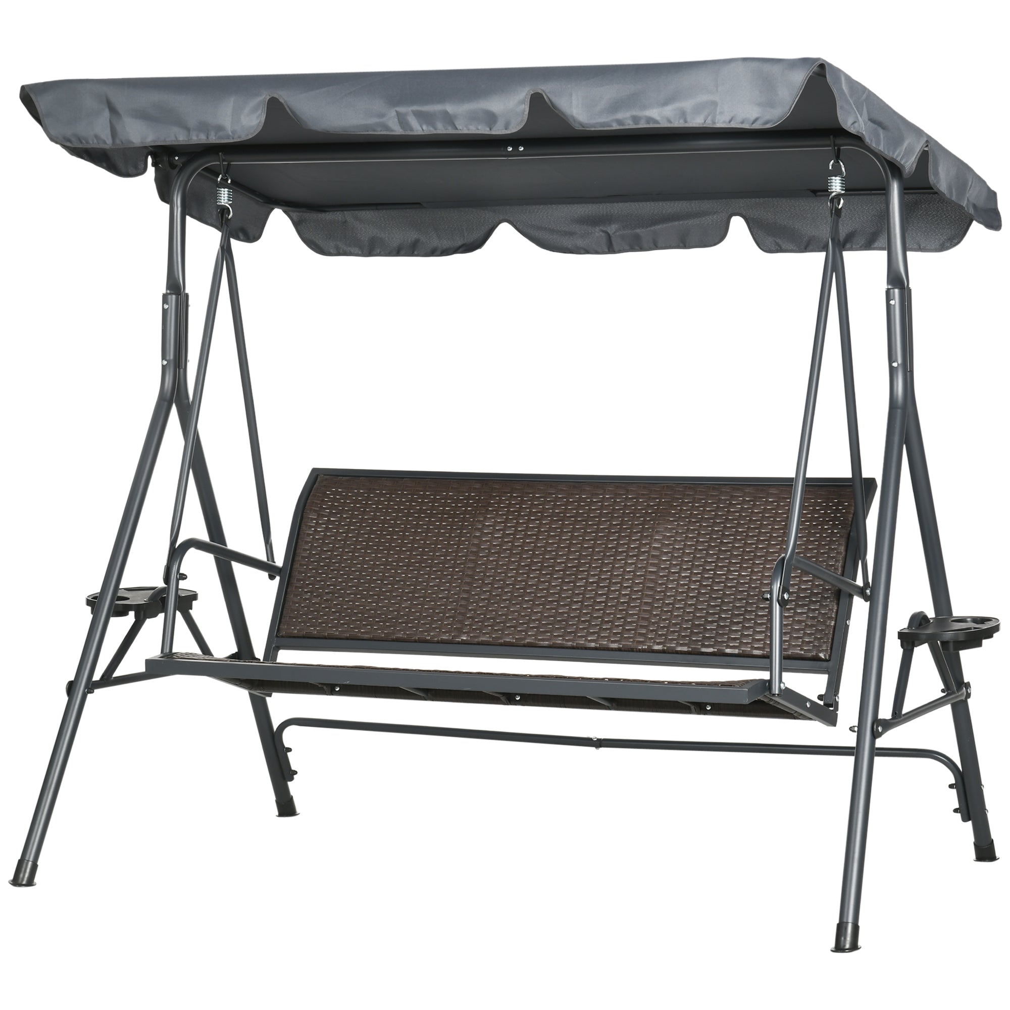 3-seater garden swing with adjustable roof, cup holders, ergonomic seat and backrest in dark gray and brown PE resin wicker steel frame and polyester