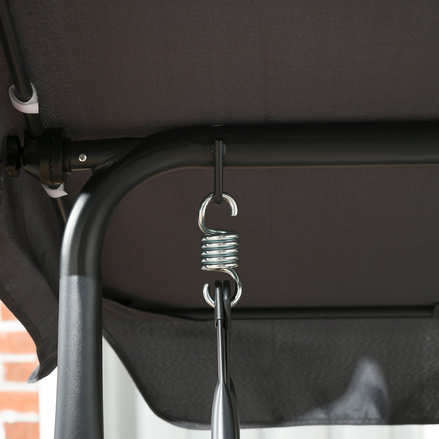 3-seater garden swing with adjustable roof, cup holders, ergonomic seat and backrest in dark gray and brown PE resin wicker steel frame and polyester