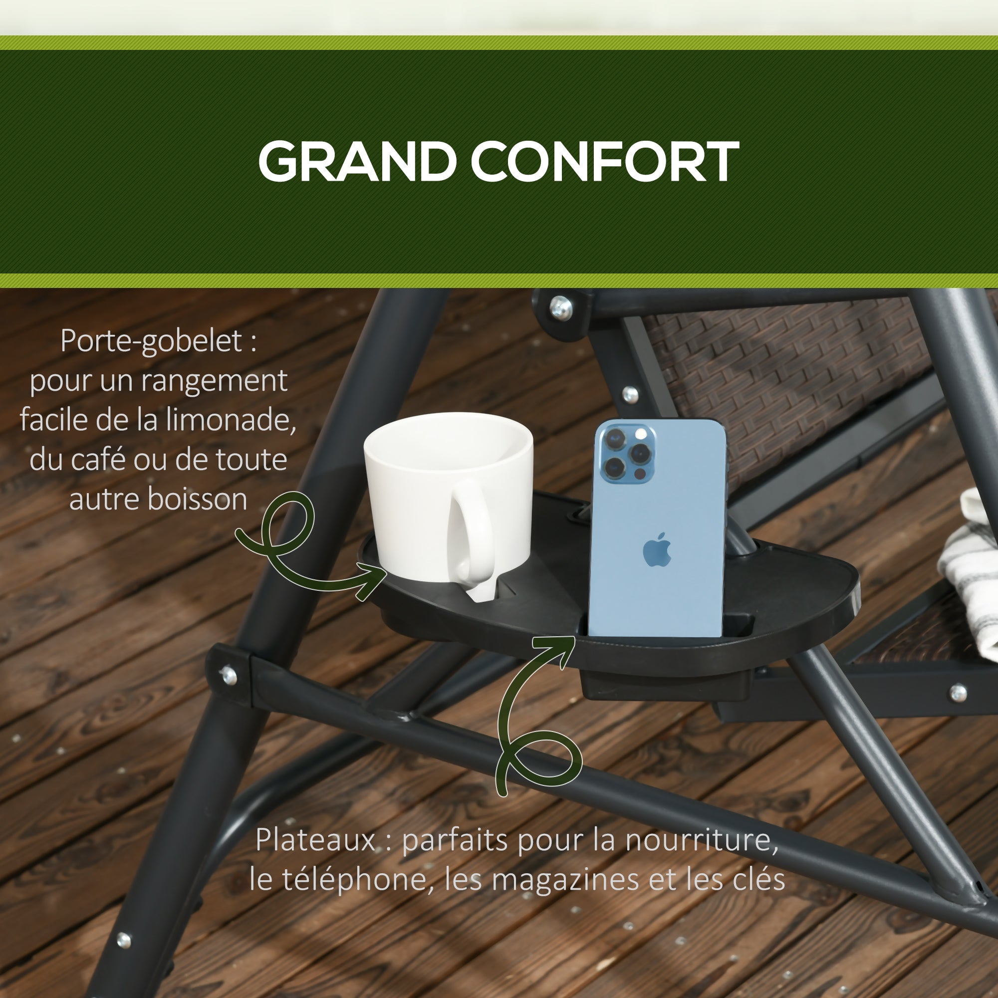 3-seater garden swing with adjustable roof, cup holders, ergonomic seat and backrest in dark gray and brown PE resin wicker steel frame and polyester