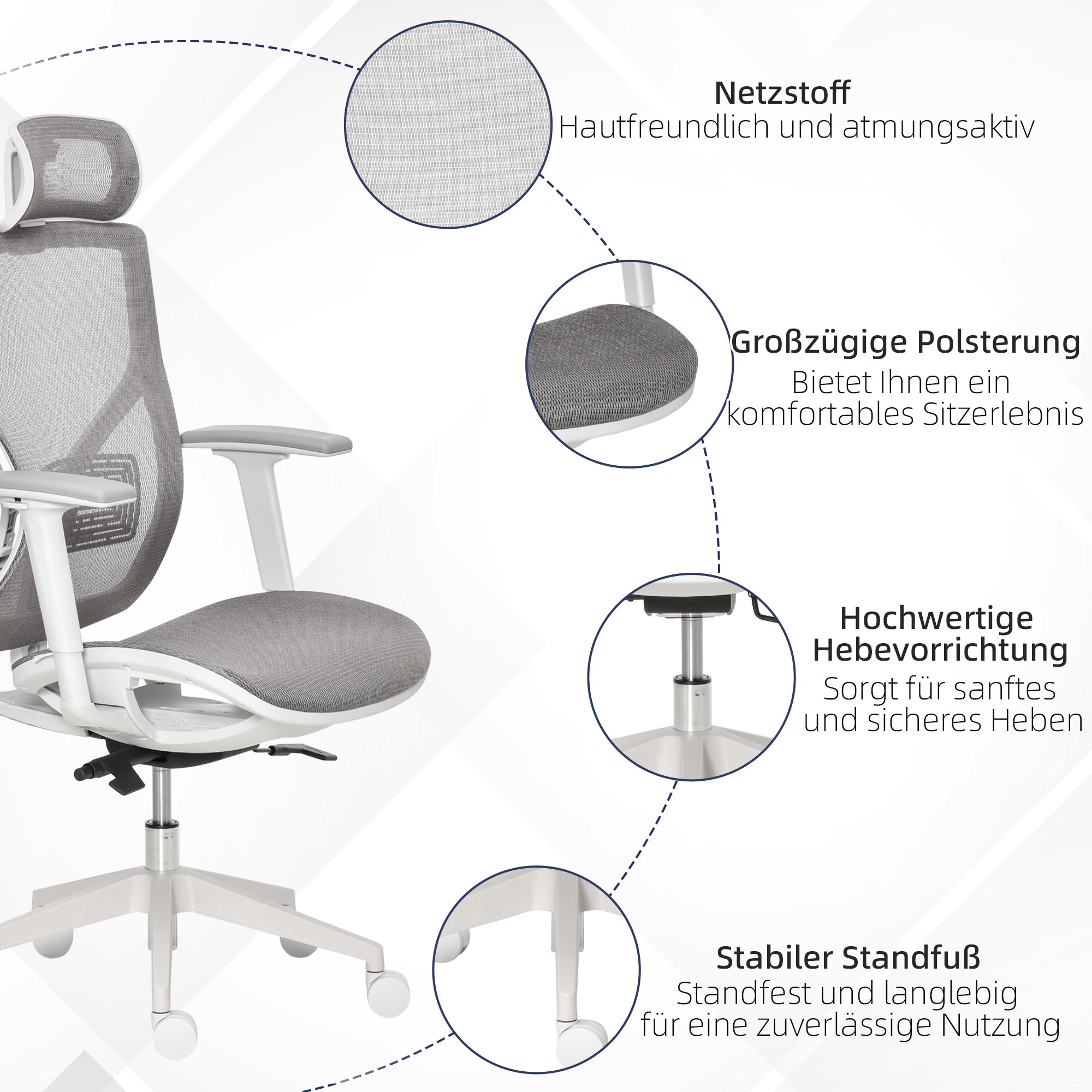 Office Chair Desk Chair Gaming Chair with Headrest Lumbar Pillow 3D Armrest 3 Levels 360° Swivel Wheels Height Adjustable Ergonomic Mesh Fabric Foam Grey 67 x 65 x 120-128 cm