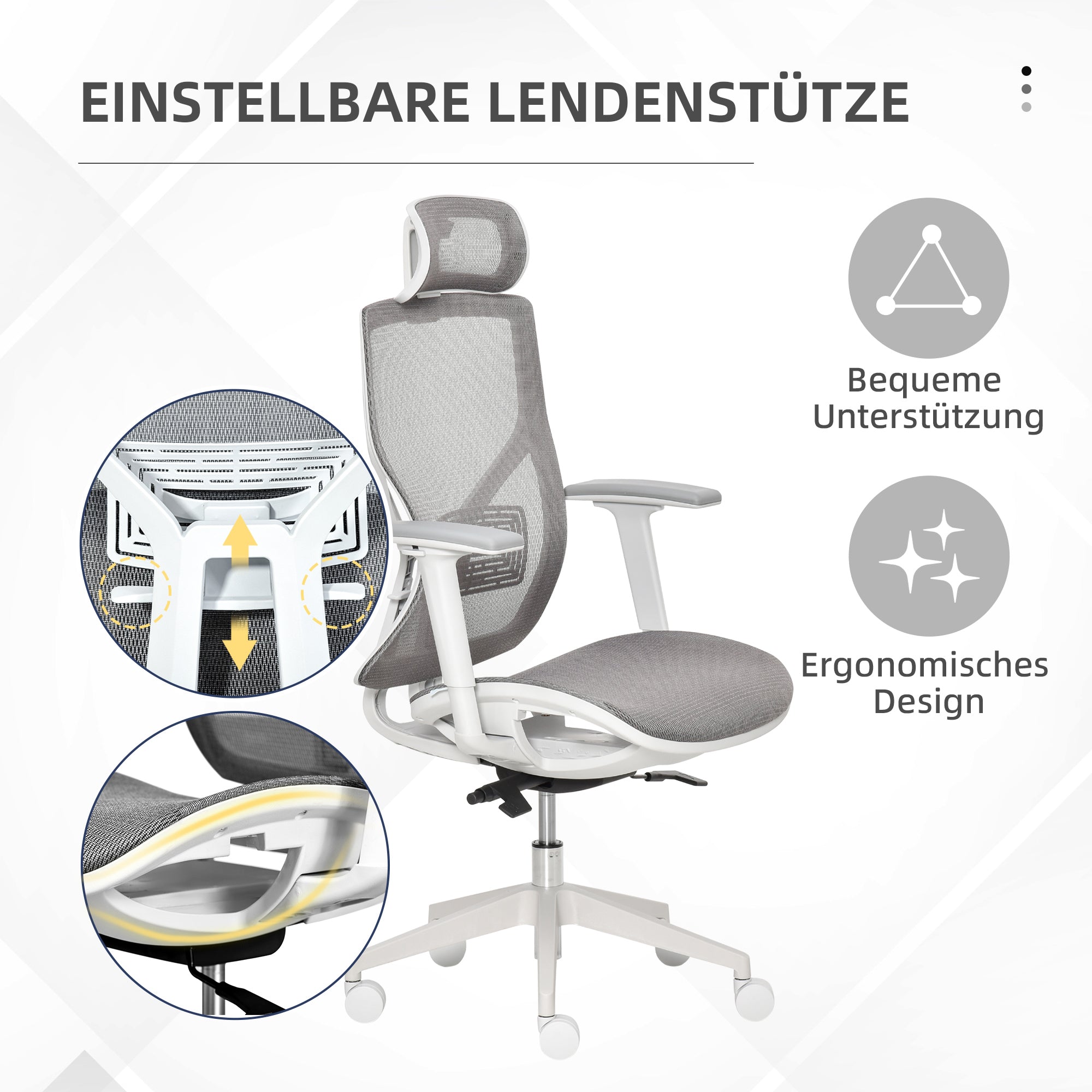 Office Chair Desk Chair Gaming Chair with Headrest Lumbar Pillow 3D Armrest 3 Levels 360° Swivel Wheels Height Adjustable Ergonomic Mesh Fabric Foam Grey 67 x 65 x 120-128 cm