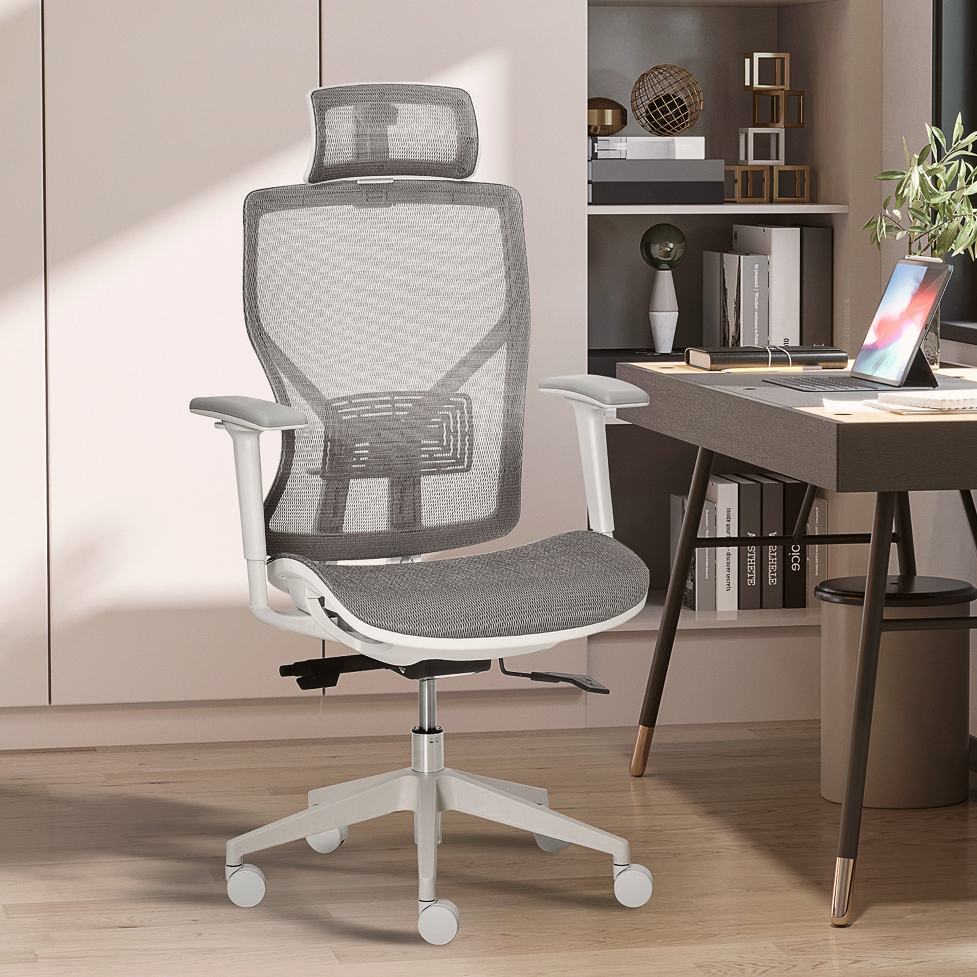 Office Chair Desk Chair Gaming Chair with Headrest Lumbar Pillow 3D Armrest 3 Levels 360° Swivel Wheels Height Adjustable Ergonomic Mesh Fabric Foam Grey 67 x 65 x 120-128 cm