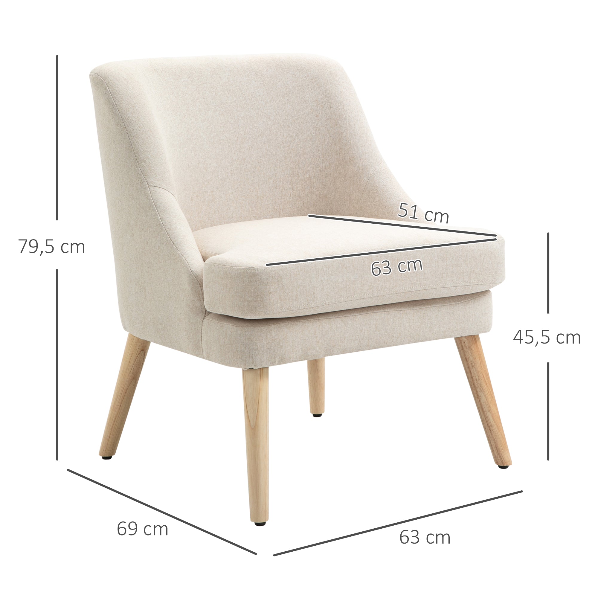 Lounge Chair with Linen Look, Armrest, Padded Recliner with Wooden Legs, for Living Room, Bedroom, Cream White