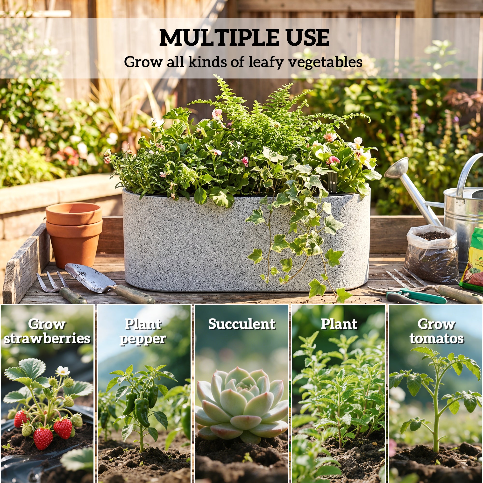 2-Pack Hanging Oval Planters with Self-Watering System, Drain Plug & Hooks — 42 x 16 x 15 cm (16.5 x 6.3 x 5.9 in), Light Gray