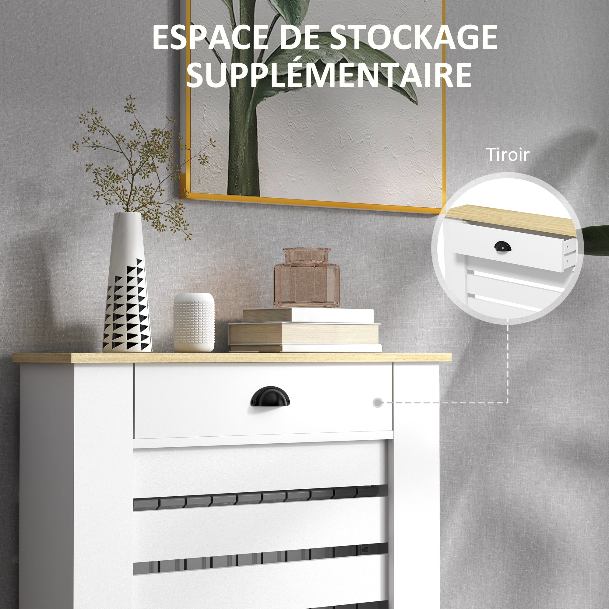 Radiator Cover, Radiator Cabinet, Horizontal Slatted Grill, with Drawer, for Living Room, Bedroom, Hallway, Wood, 78 x 19 x 95.5 cm, White
