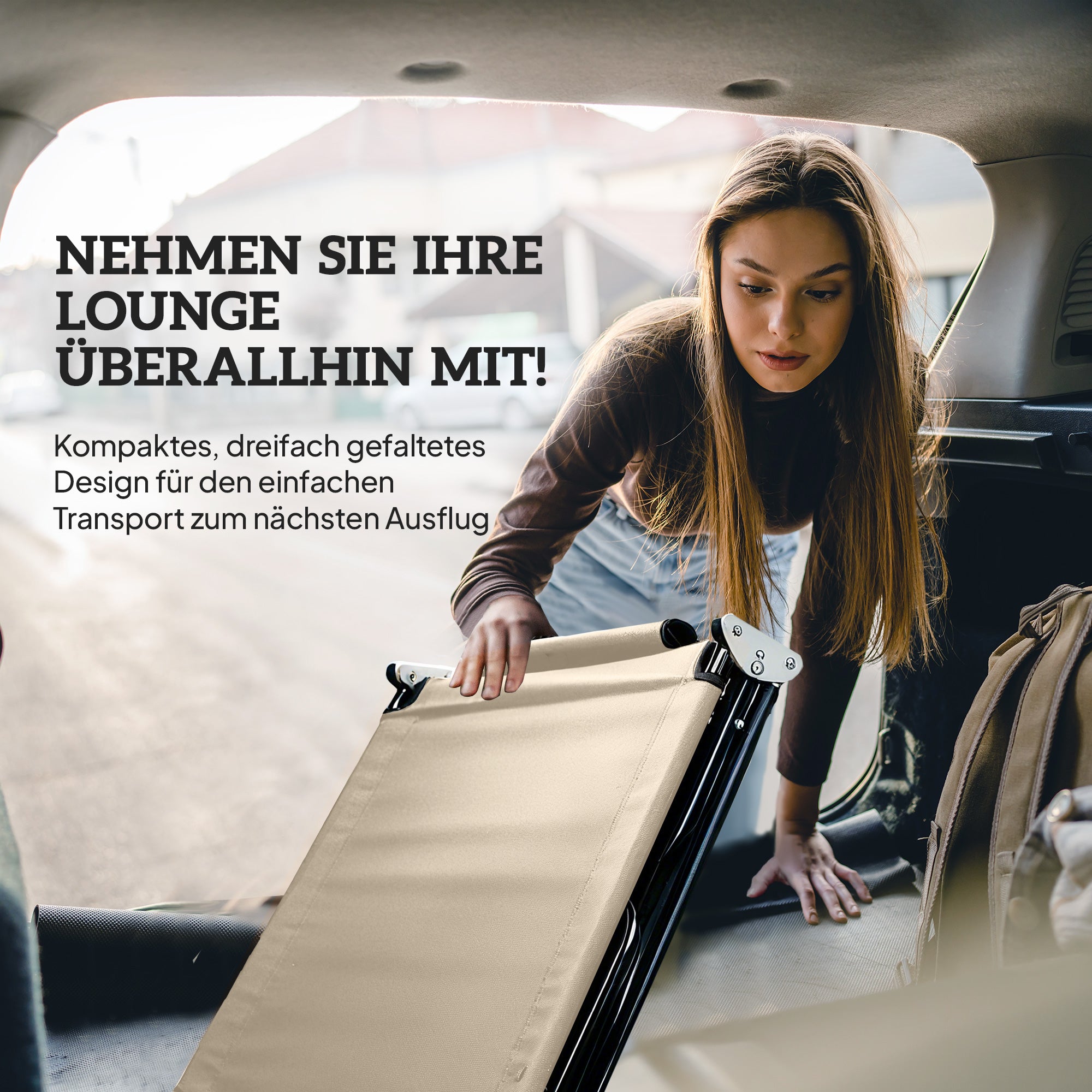 Folding Sun Lounger with Face Hole and Head Pillow — 4-Position Adjustable, Weatherproof, Up to 265 lb (Beige)