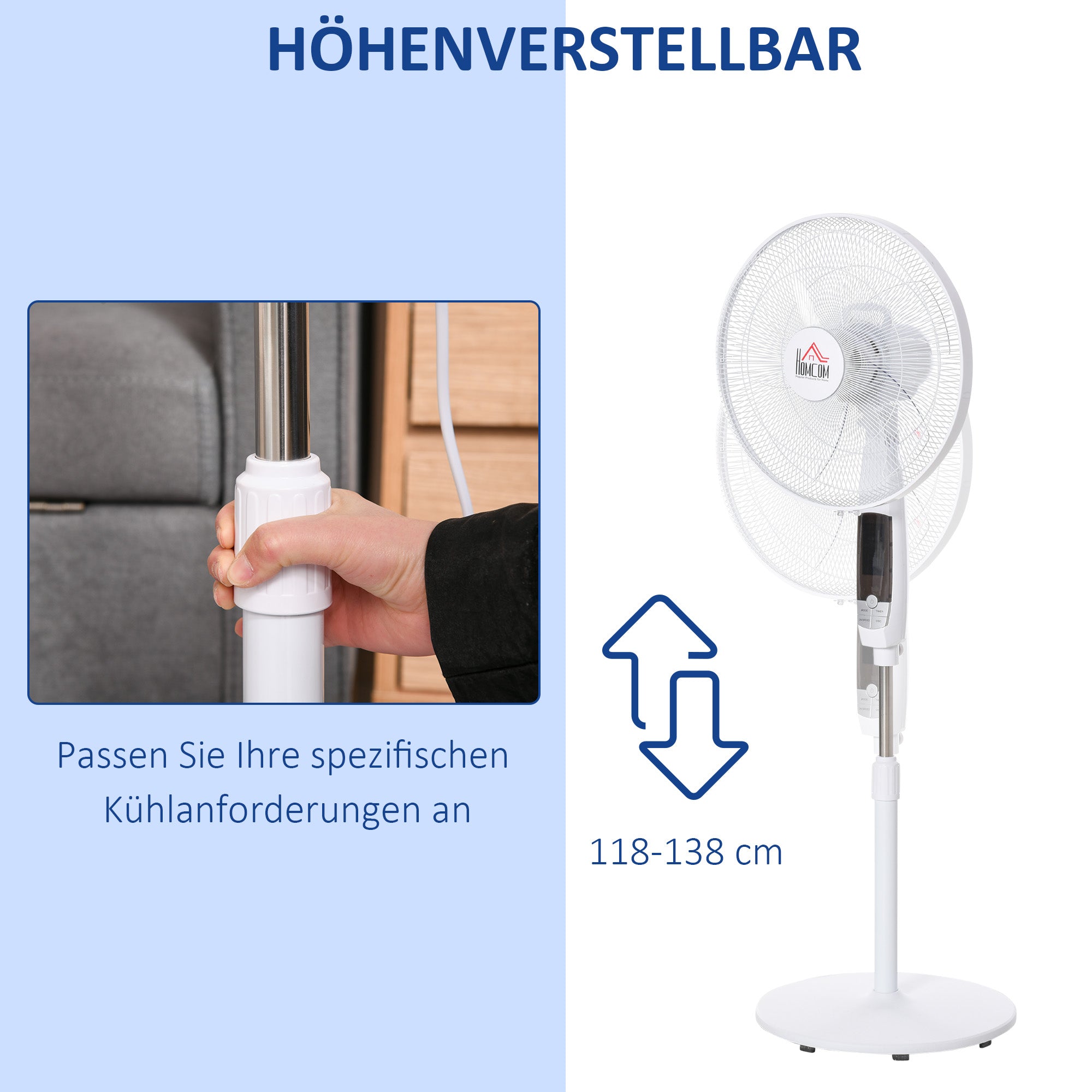 Standing Fan 138 cm Fan with 7.5h Timer remote control adjustable height Fan with LED Display 3 Speeds Steel White