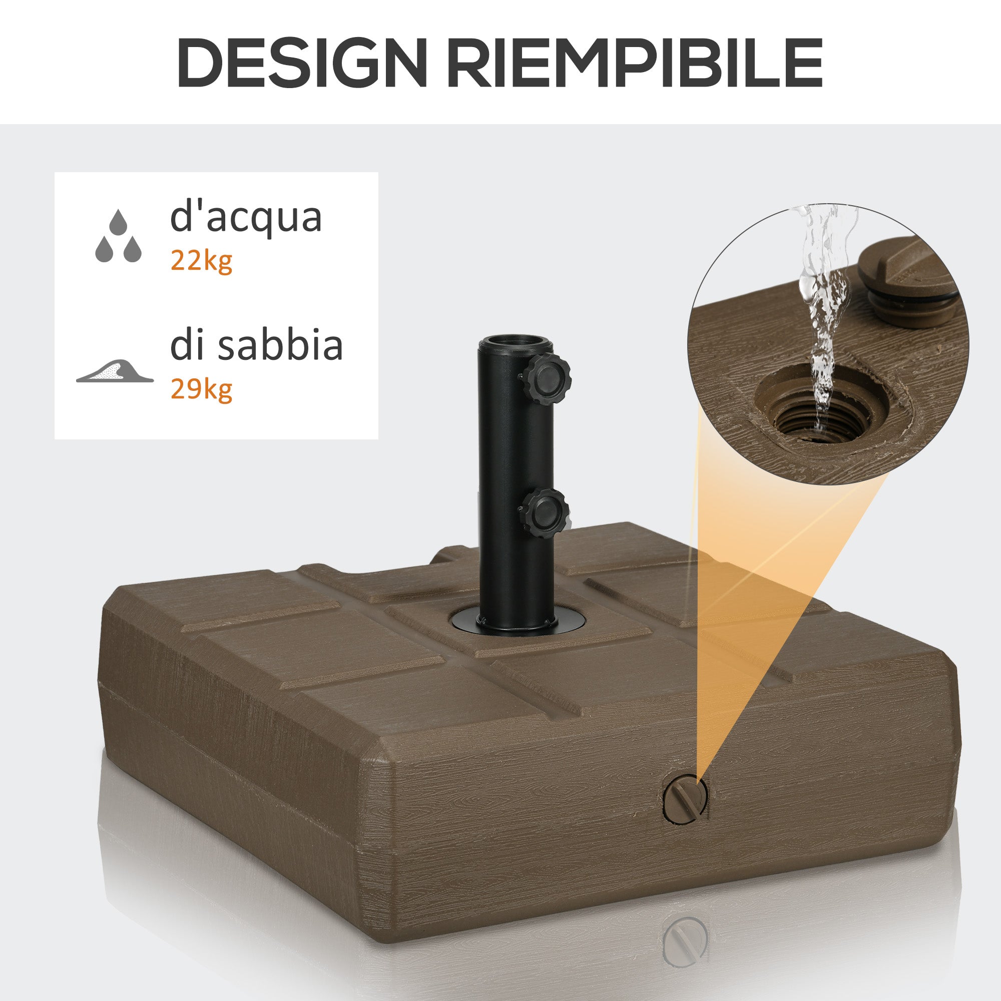 Fillable Garden Umbrella Base with Built-in Handle and Side Spout, HDPE Umbrella Stand, for Umbrella Poles of Ø28/38/48 mm, 49x49x36.5 cm, Brown