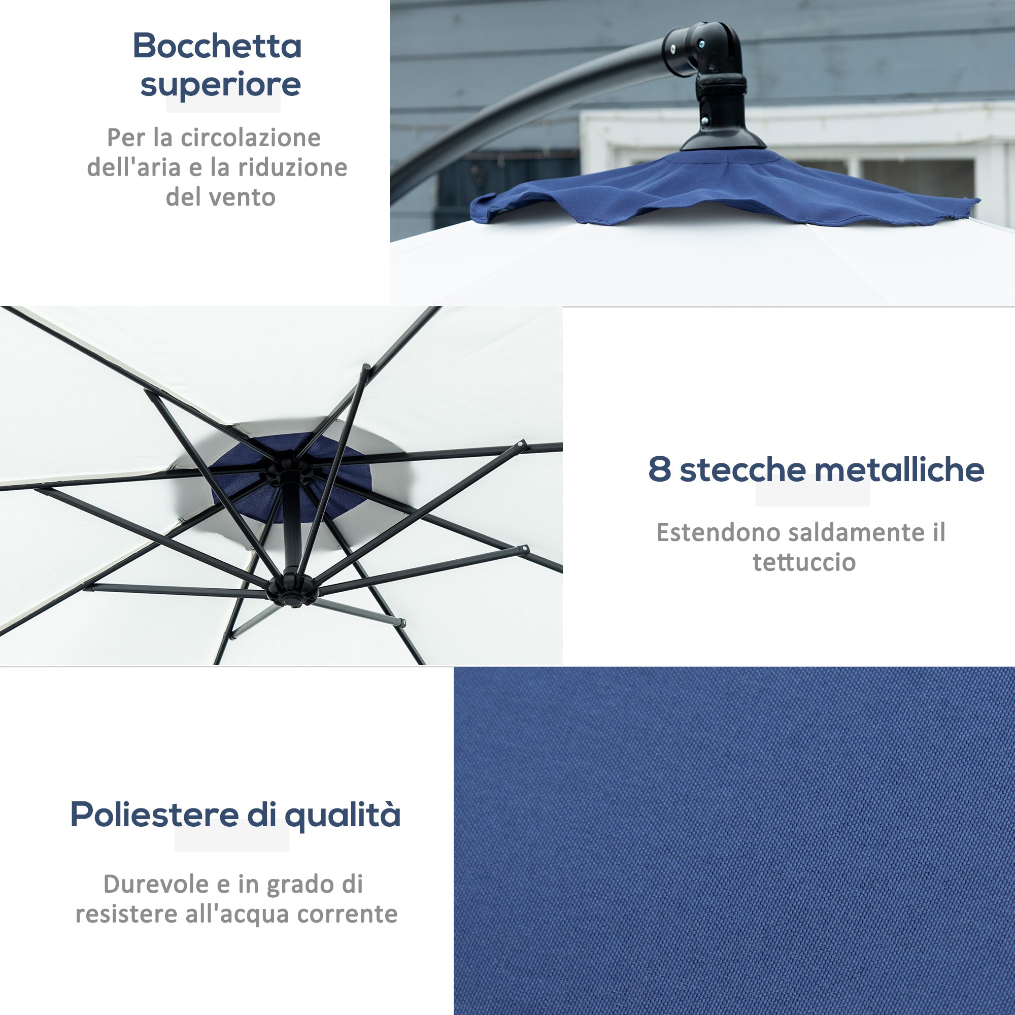 Garden Umbrella Ø3x2 m with Cross Base, Crank Opening, and Air Vent, Offset Patio Umbrella in Metal and Polyester, Dark Blue and Cream