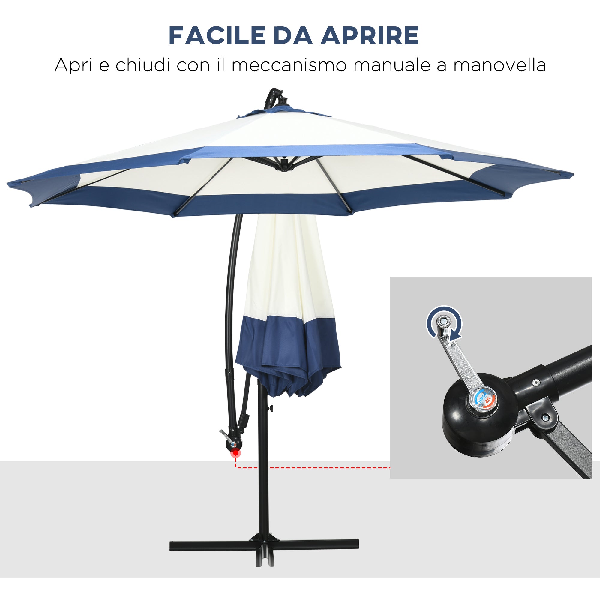 Garden Umbrella Ø3x2 m with Cross Base, Crank Opening, and Air Vent, Offset Patio Umbrella in Metal and Polyester, Dark Blue and Cream