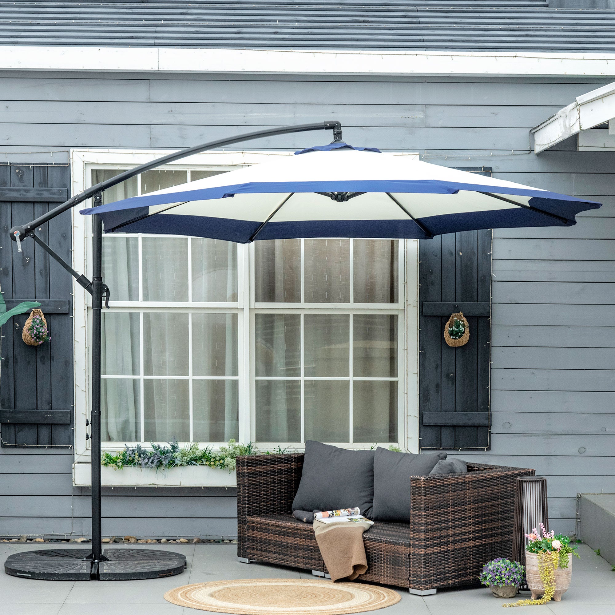 Garden Umbrella Ø3x2 m with Cross Base, Crank Opening, and Air Vent, Offset Patio Umbrella in Metal and Polyester, Dark Blue and Cream
