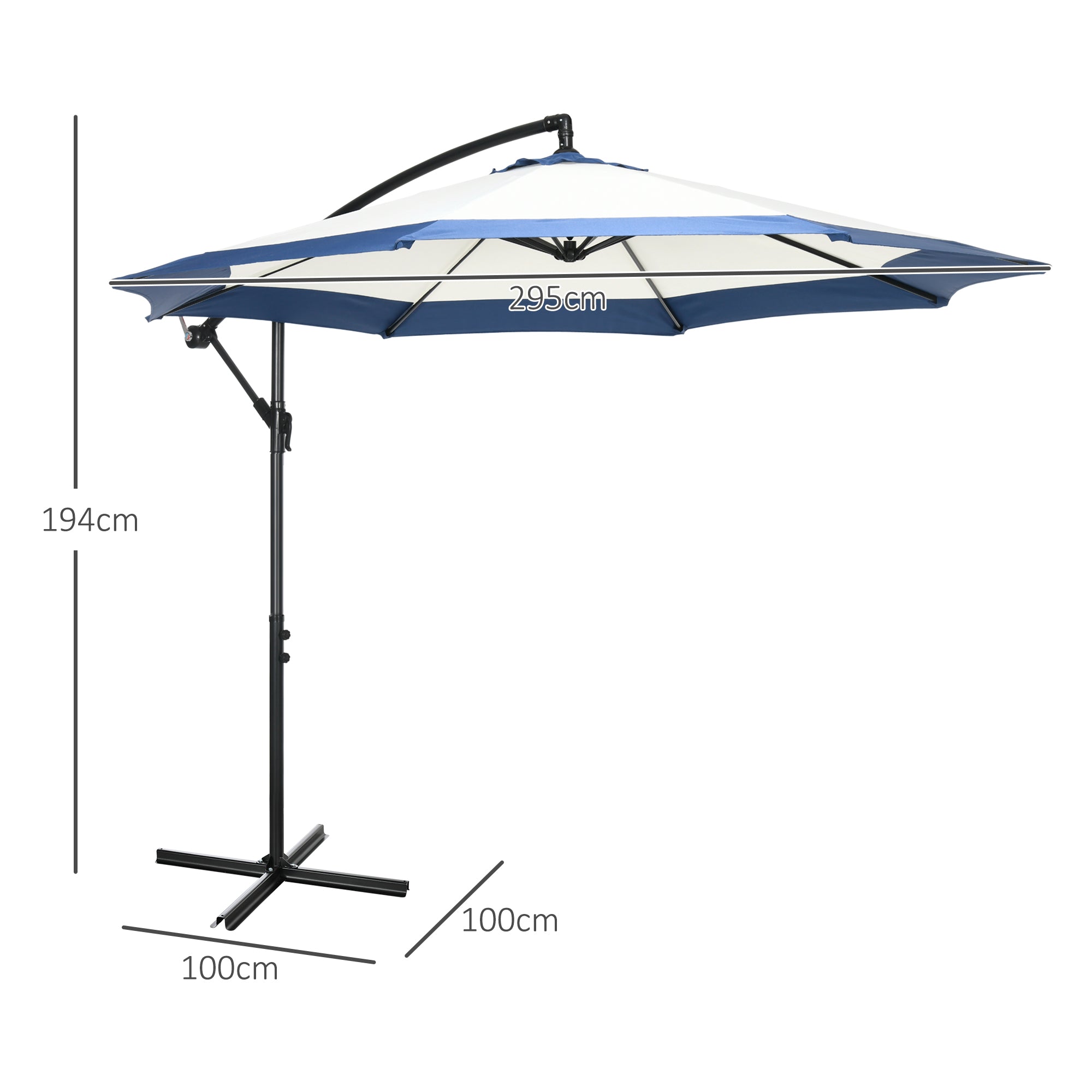 Garden Umbrella Ø3x2 m with Cross Base, Crank Opening, and Air Vent, Offset Patio Umbrella in Metal and Polyester, Dark Blue and Cream