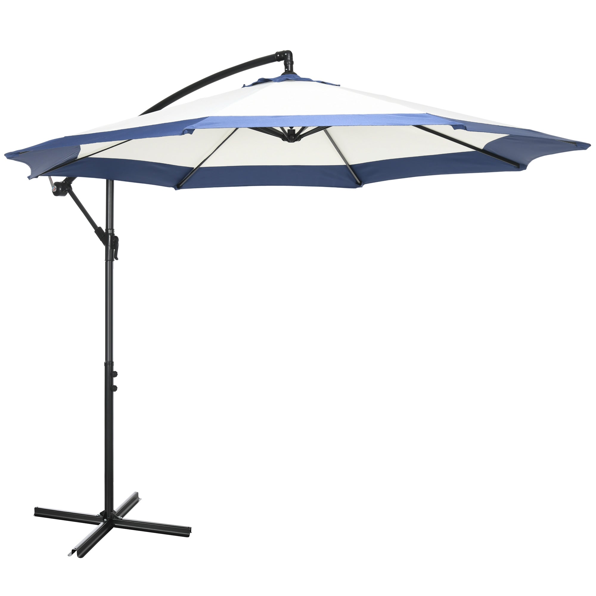 Garden Umbrella Ø3x2 m with Cross Base, Crank Opening, and Air Vent, Offset Patio Umbrella in Metal and Polyester, Dark Blue and Cream