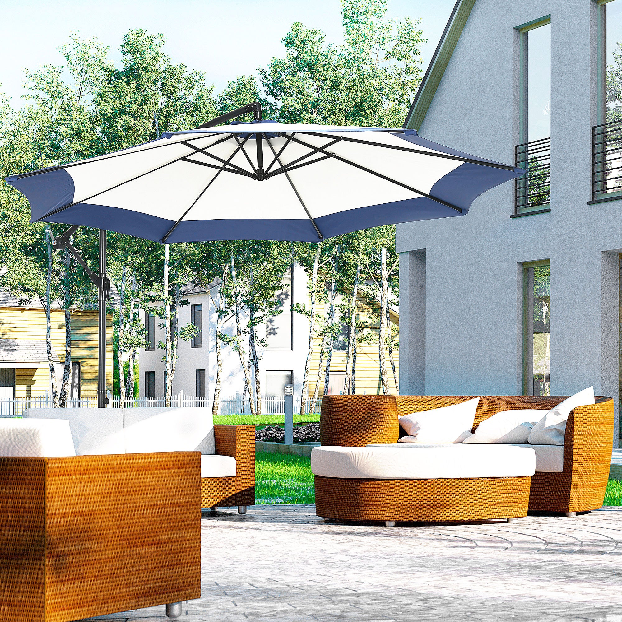 Garden Umbrella Ø3x2 m with Cross Base, Crank Opening, and Air Vent, Offset Patio Umbrella in Metal and Polyester, Dark Blue and Cream