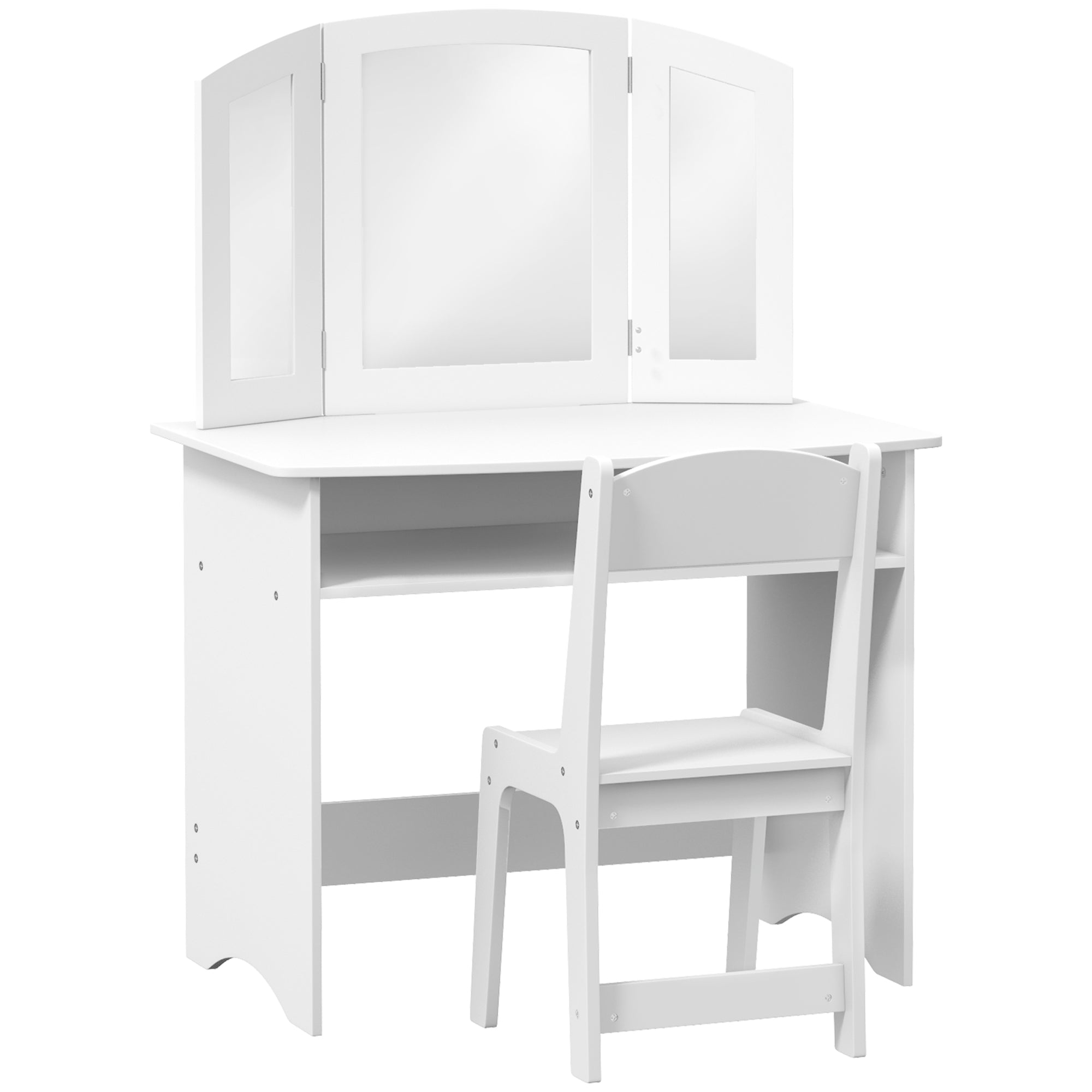 Children's Makeup Set for 3-6 Year Olds, Vanity Table with Removable Triple Mirror and Wooden Chair, White