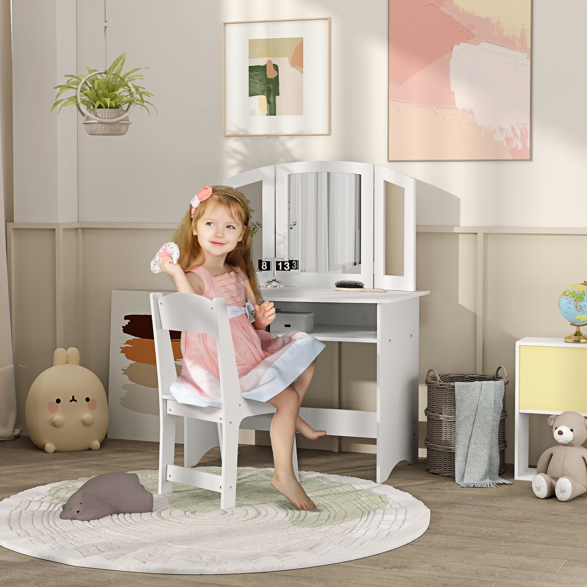 Children's Makeup Set for 3-6 Year Olds, Vanity Table with Removable Triple Mirror and Wooden Chair, White