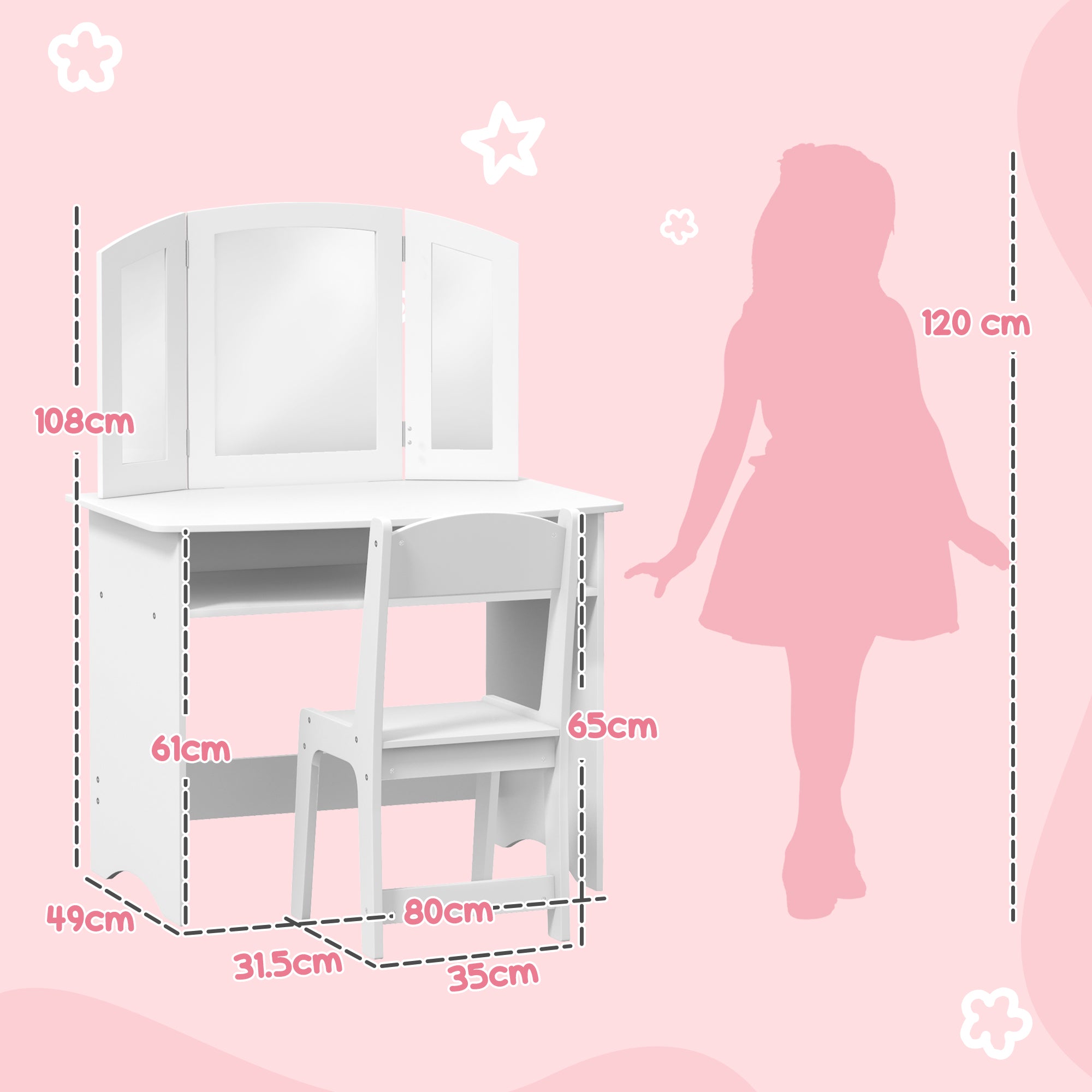 Children's Makeup Set for 3-6 Year Olds, Vanity Table with Removable Triple Mirror and Wooden Chair, White