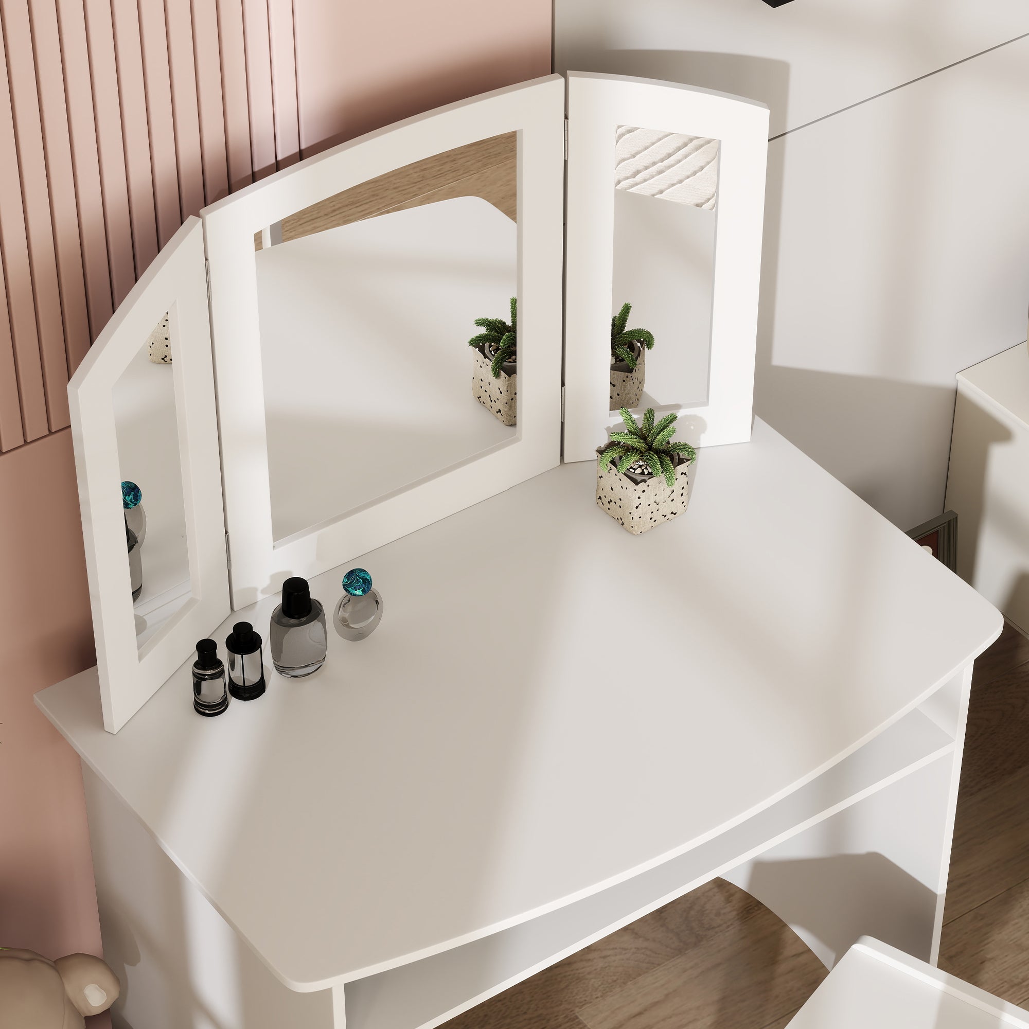 Children's Makeup Set for 3-6 Year Olds, Vanity Table with Removable Triple Mirror and Wooden Chair, White