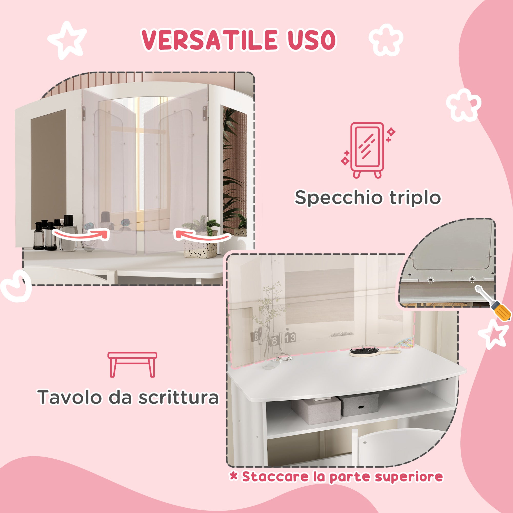 Children's Makeup Set for 3-6 Year Olds, Vanity Table with Removable Triple Mirror and Wooden Chair, White