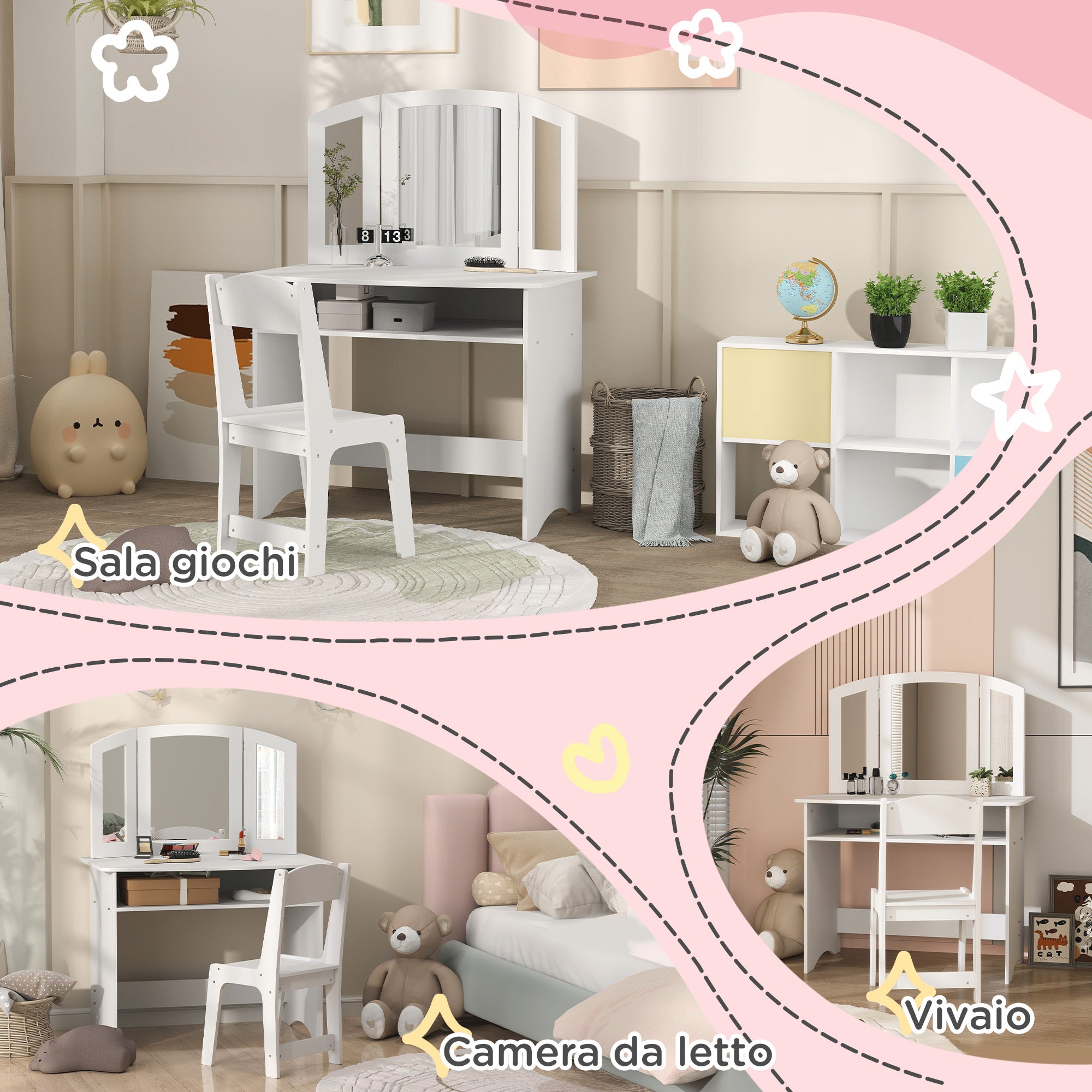 Children's Makeup Set for 3-6 Year Olds, Vanity Table with Removable Triple Mirror and Wooden Chair, White