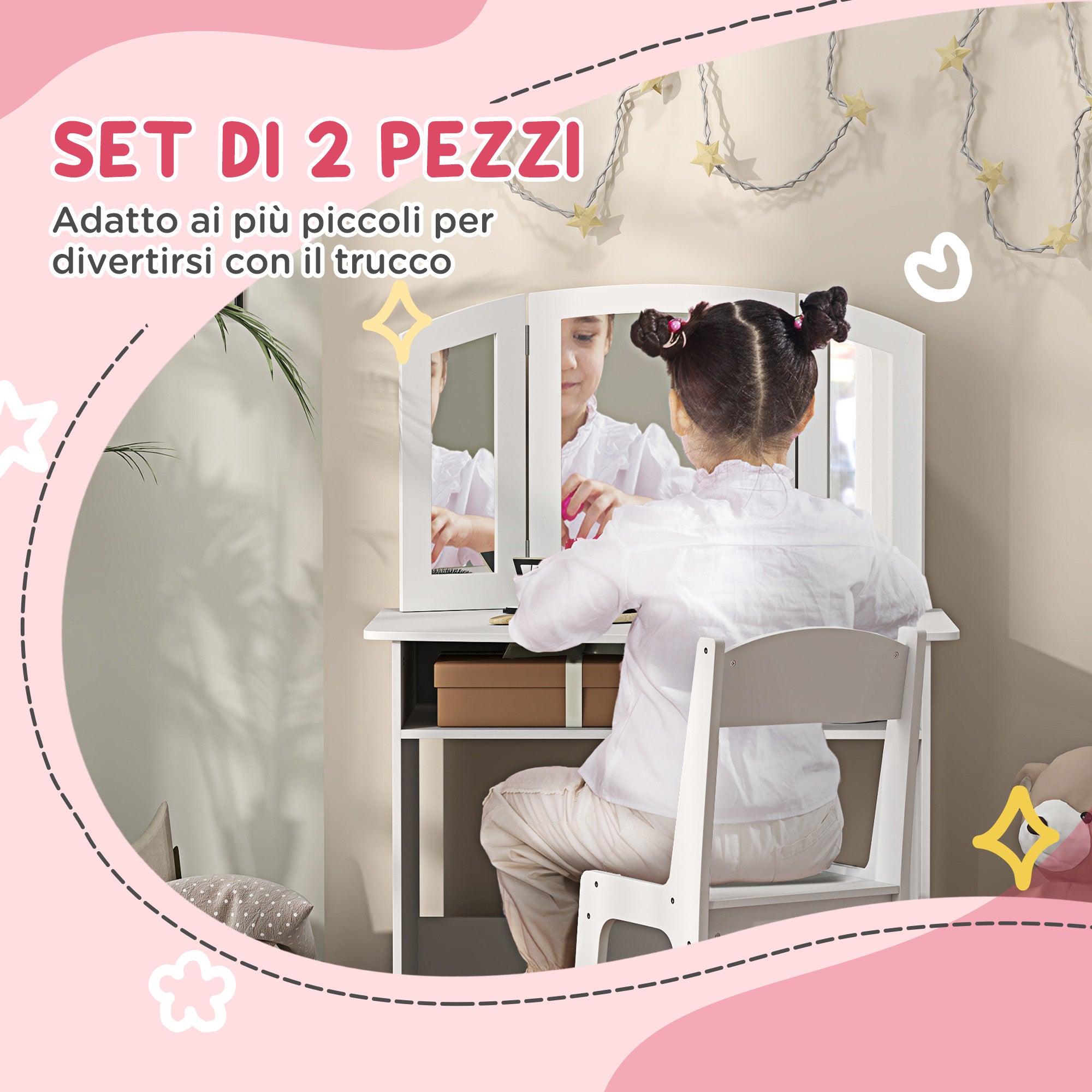 Children's Makeup Set for 3-6 Year Olds, Vanity Table with Removable Triple Mirror and Wooden Chair, White