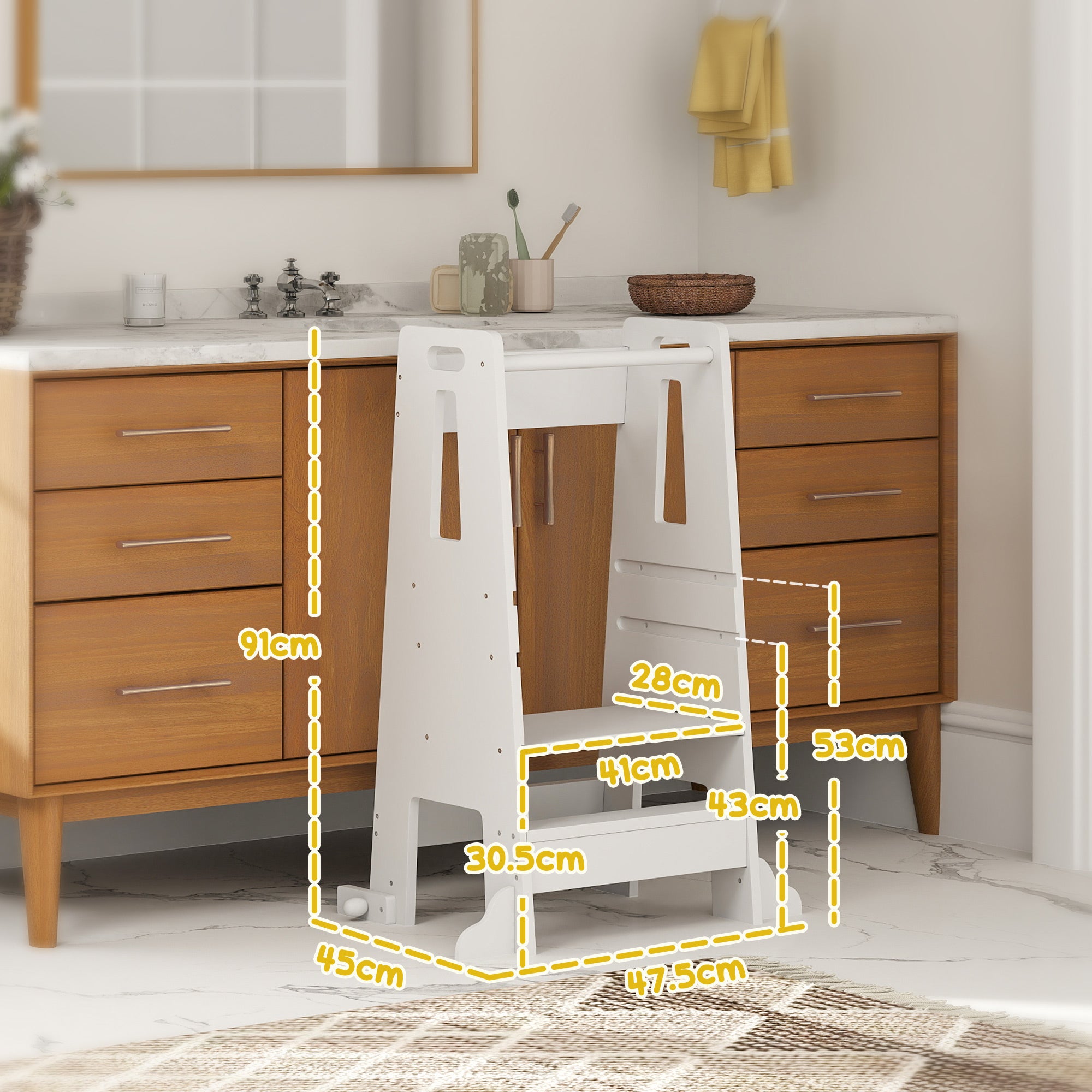 Montessori Tower for Children Adjustable on 3 Levels with Safety Bar, Montessori Staircase for Children 3-6 Years Old in Wood, for Bathroom, Kitchen, and Toilet, White