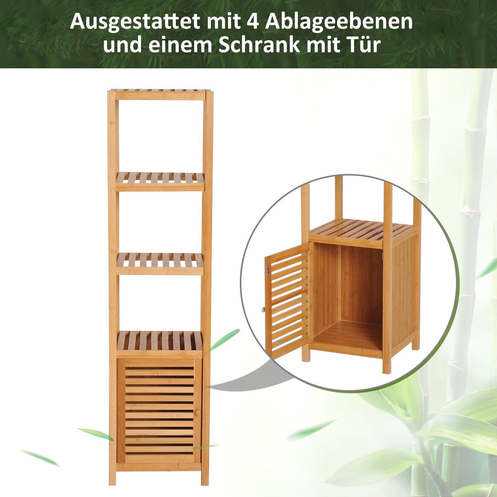 Bathroom Cabinet Slim, Tall Toilet Cabinet with 3 Open Shelves, Bamboo Bathroom Cabinet for Small Spaces, Living Room, Bathroom 36 x 33 x 140 cm Natural