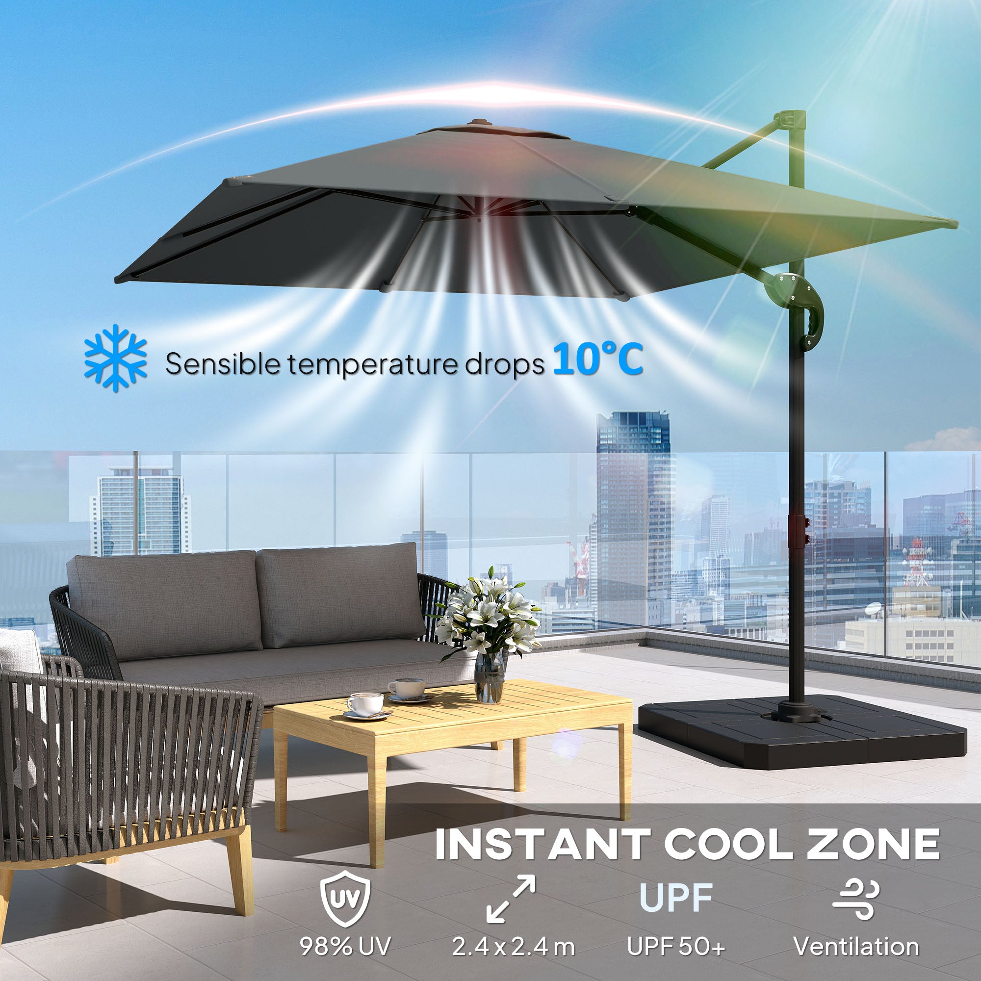 Aluminum Cantilever Umbrella Ø244 cm (8 ft) with Crank, Base Weights, Water-Resistant, 360° Swivel, Tiltable - Garden & Patio Parasol, Wind-Resistant, Dark Gray