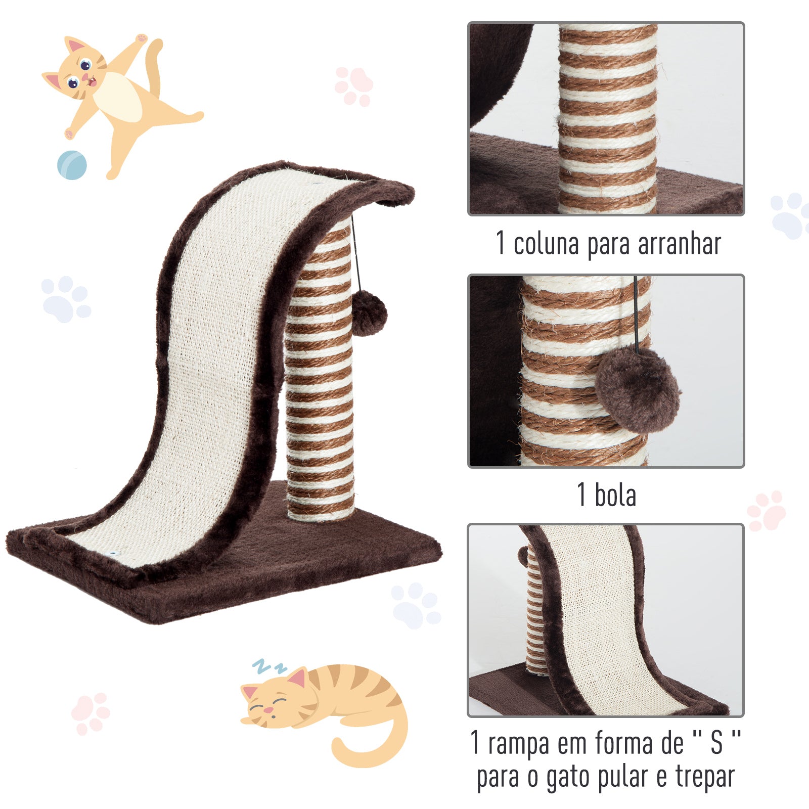 PawHut Cat Scratcher Tree with Natural Sisal Post and Play Ball 35x30x39cm Brown