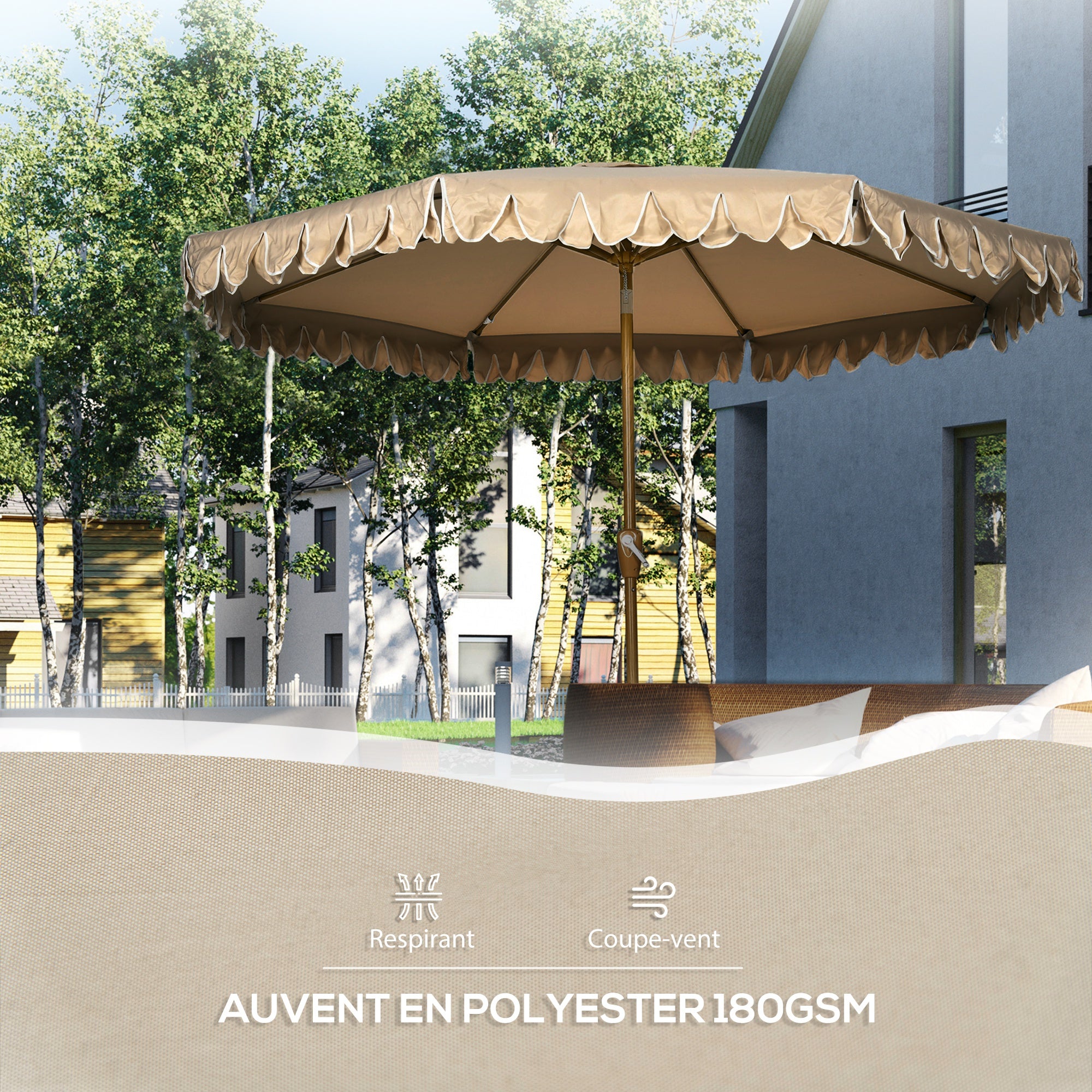 Garden Parasol Tilted Round Parasol Ø 264 cm with High-Density UV-Resistant Polyester Fabric Fringed Canopy Detachable Mast 8 Ribs - Beige