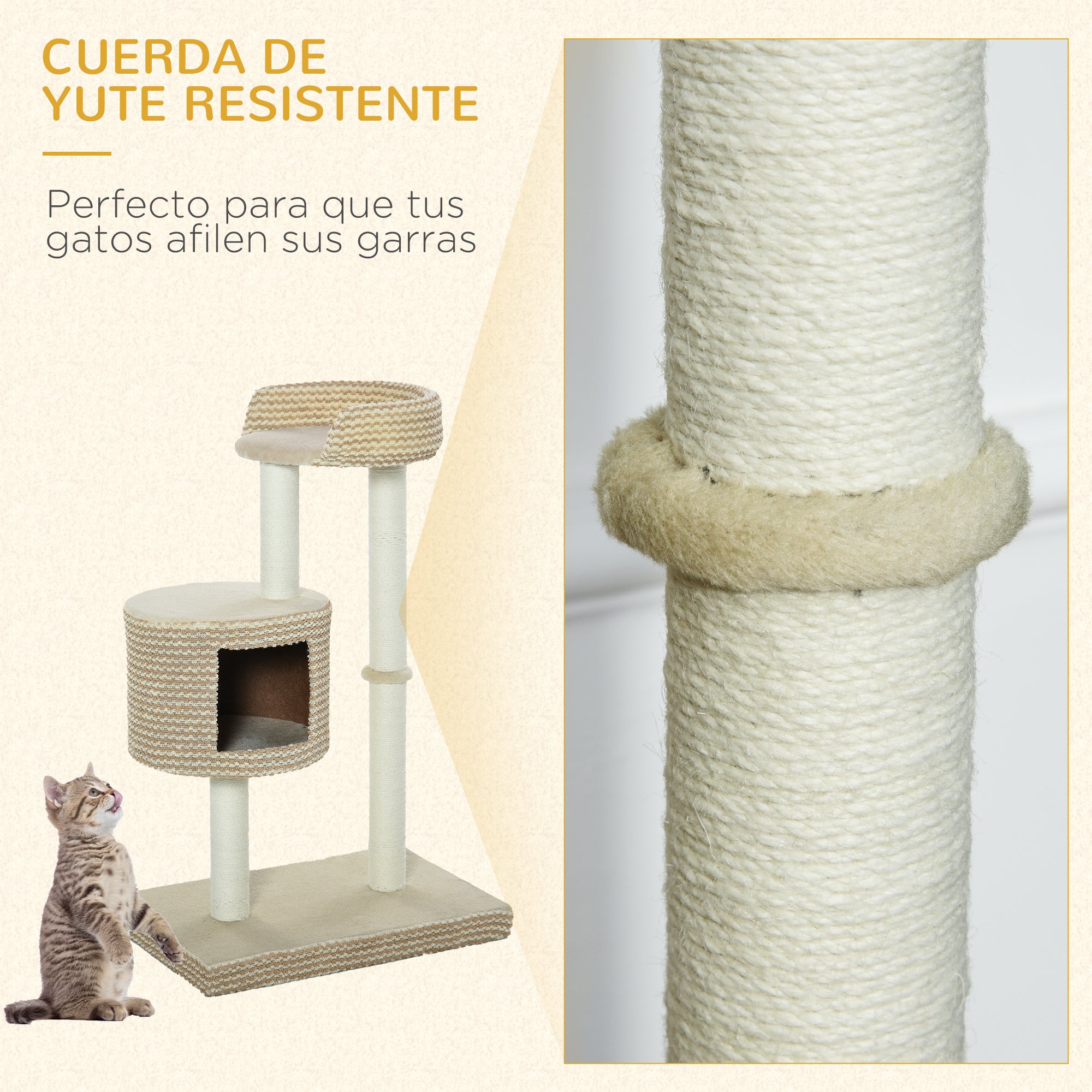 Cat Scratching Tree Cat Activity Tree with Plush Cave Jute Posts Comfortable Platform 61x41x96 cm Beige and Brown