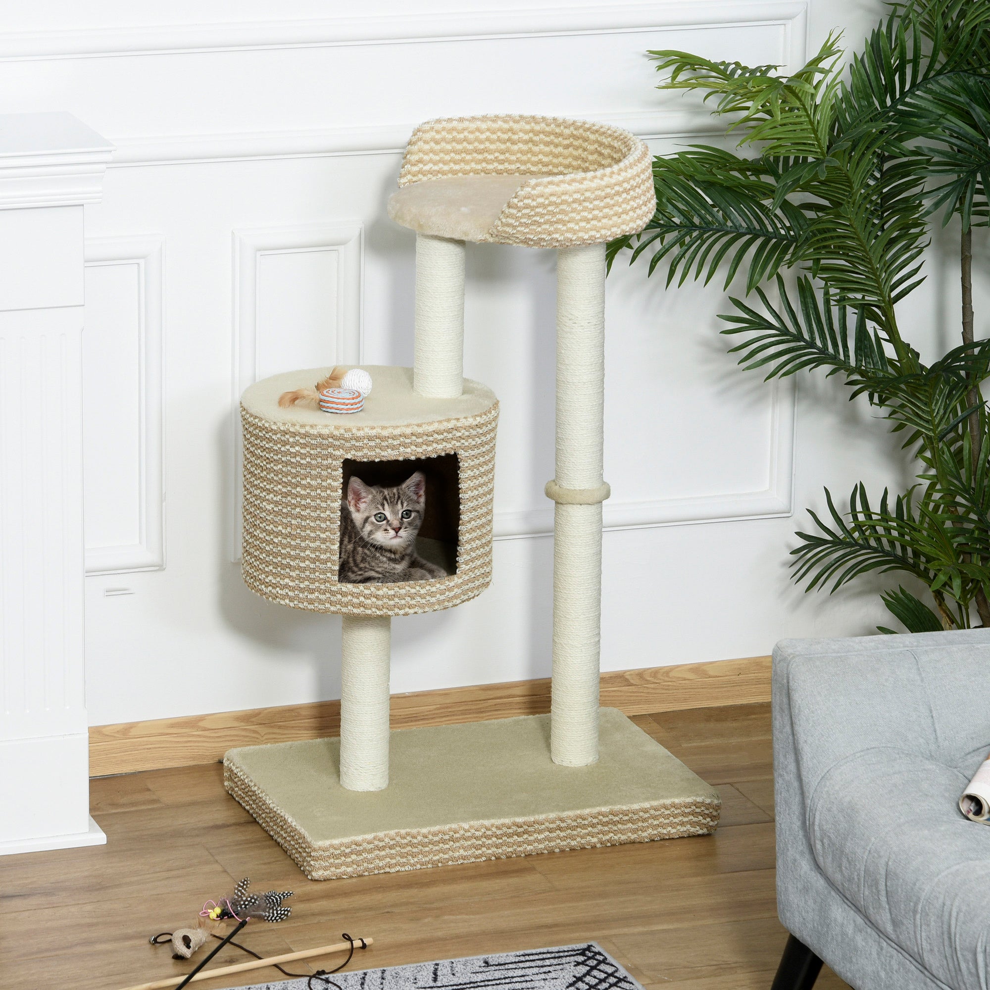 Cat Scratching Tree Cat Activity Tree with Plush Cave Jute Posts Comfortable Platform 61x41x96 cm Beige and Brown