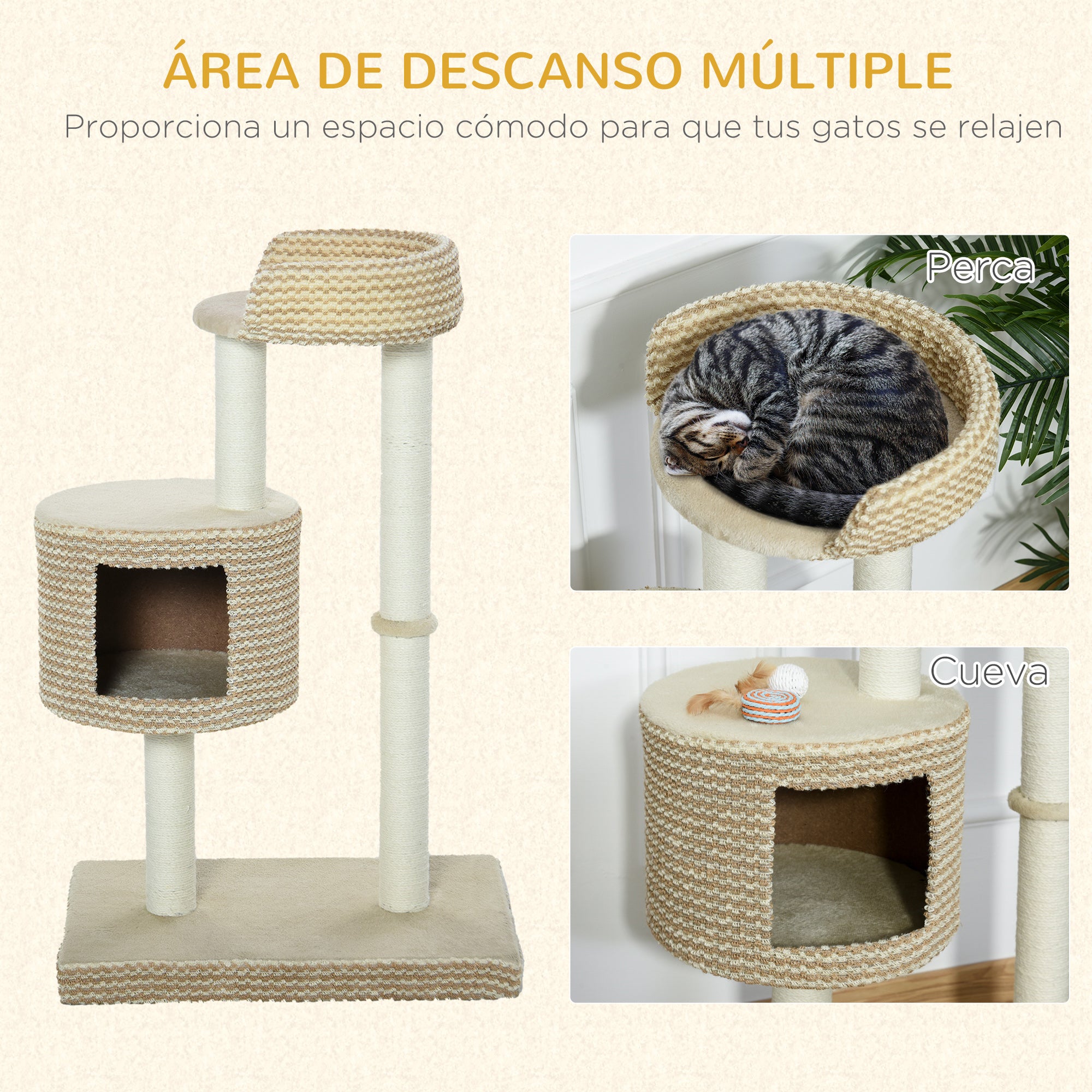 Cat Scratching Tree Cat Activity Tree with Plush Cave Jute Posts Comfortable Platform 61x41x96 cm Beige and Brown