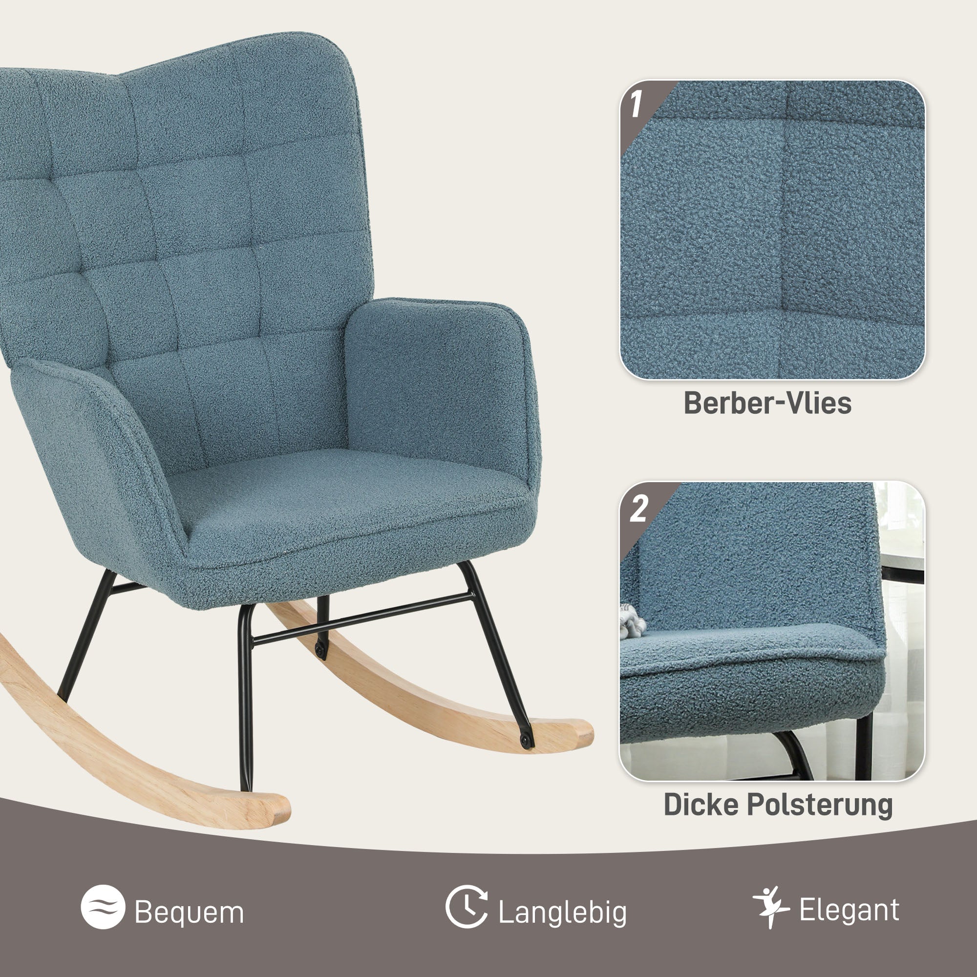 Schaukelstuhl, Schaukelsessel mit Berbervliesoptik, Armlehne, Gepolsterter Sessel mit Holzkufen, Relaxsessel für Wohnzimmer, Schlafzimmer, bis 120kg belastbar, Hellblau