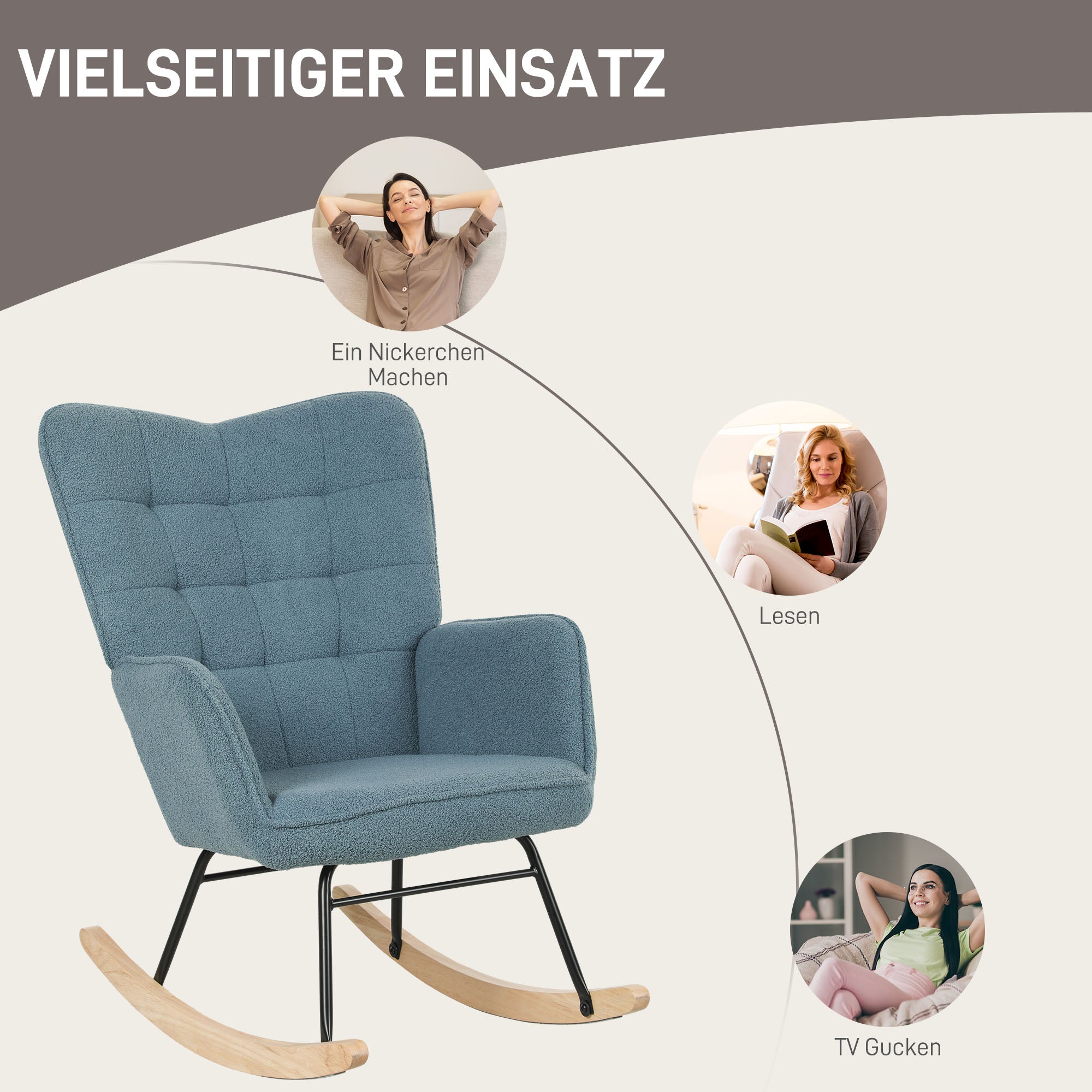 Schaukelstuhl, Schaukelsessel mit Berbervliesoptik, Armlehne, Gepolsterter Sessel mit Holzkufen, Relaxsessel für Wohnzimmer, Schlafzimmer, bis 120kg belastbar, Hellblau