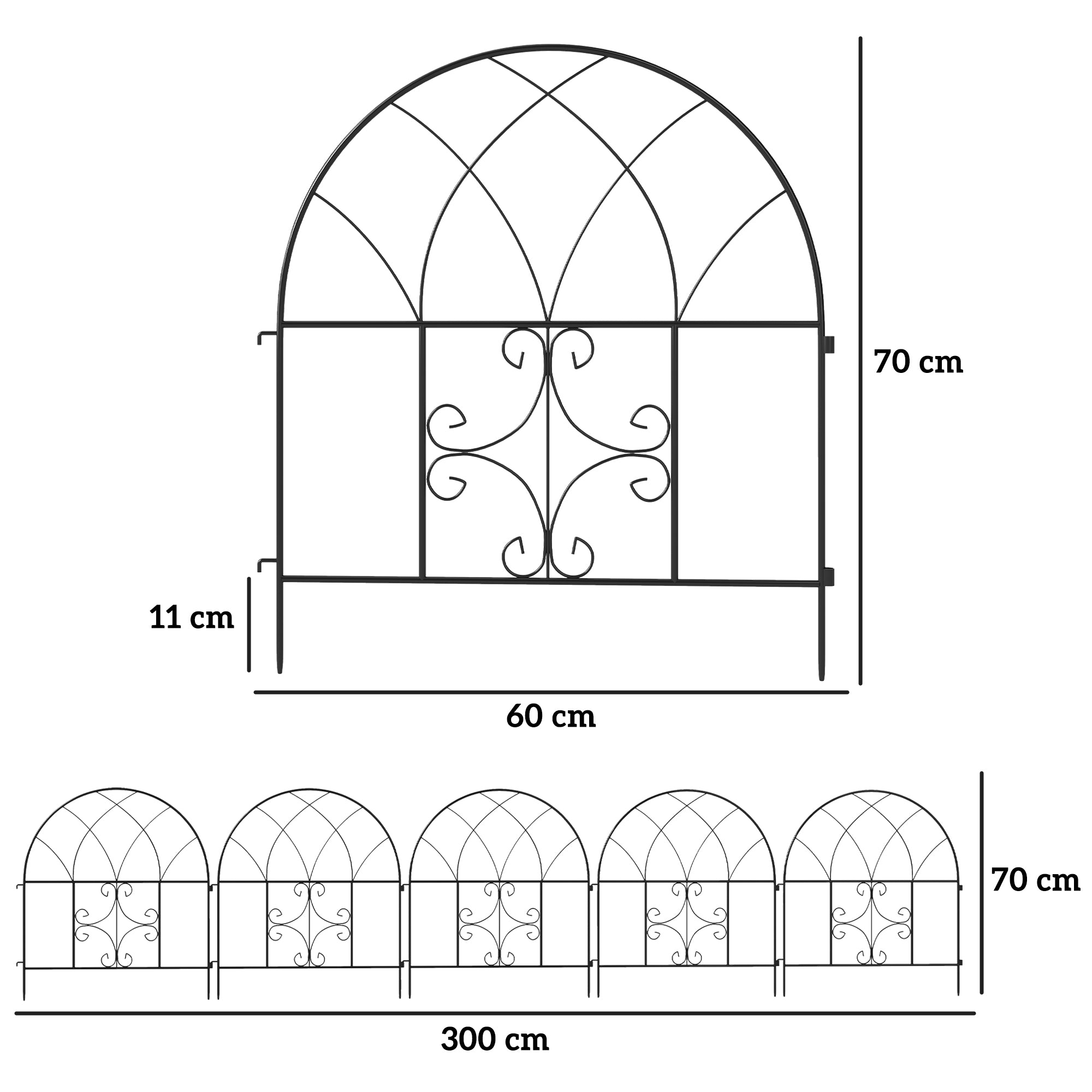 Garden Fence Steel 300 cm x 70 cm High Decorative Grid Fence Set Fence Elements Landscape Fence Arch Fence for Dogs Dog Fence for Garden Flower Beds Animal Barrier Outdoor Area Black